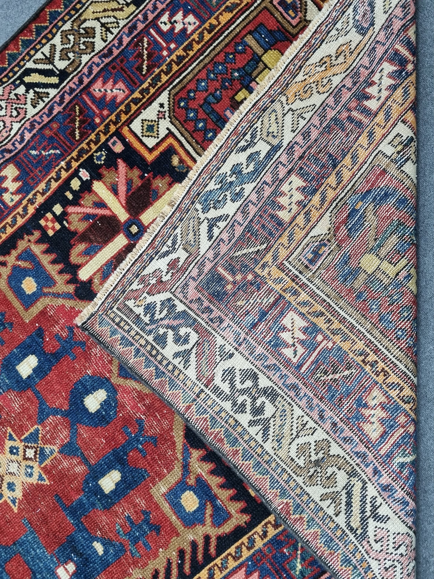 4'4" x 7'7" Vintage Turkish Rug, Navy Red Tribal Medallion Wool Area Rug