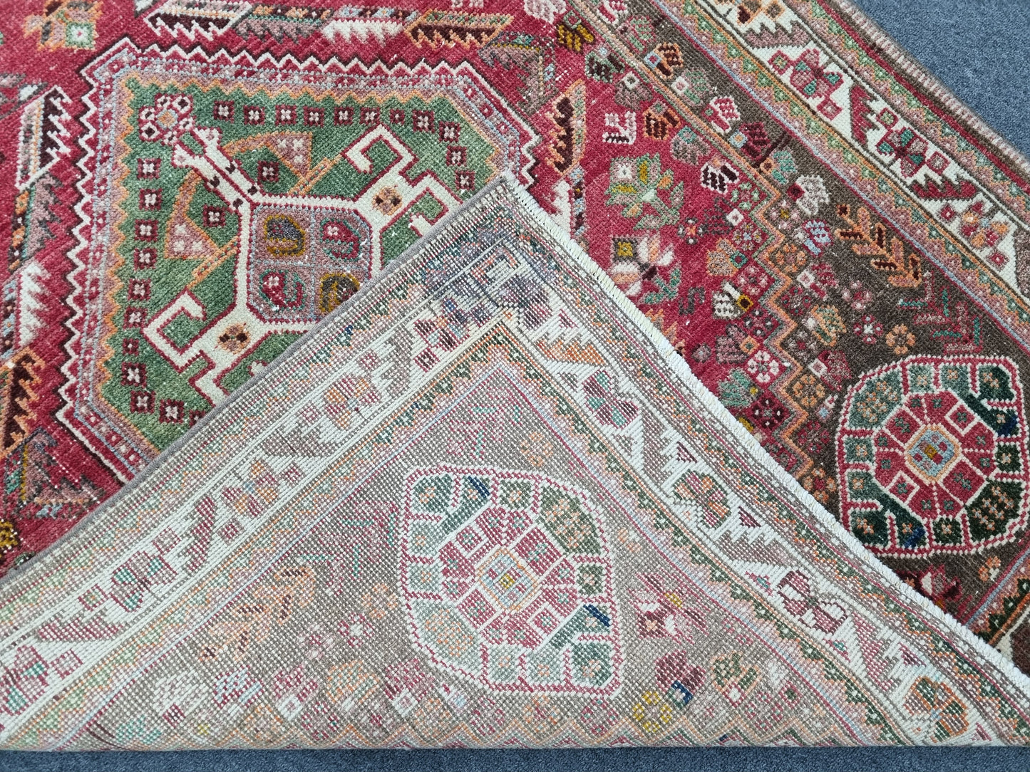 3'7" x 5'1" Vintage Tribal Wool Rug, Red Green Geometric Oriental Carpet