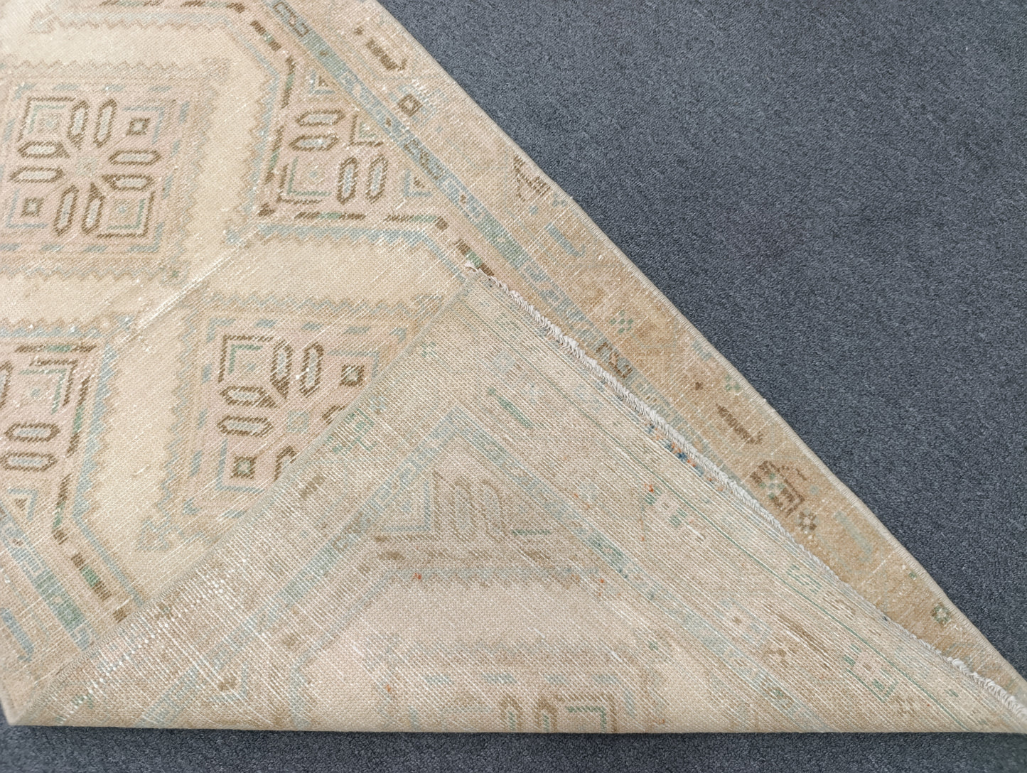 Vintage Oushak Runner Rug, Handwoven Beige Sage Blue Diamond Pattern Hallway Rug