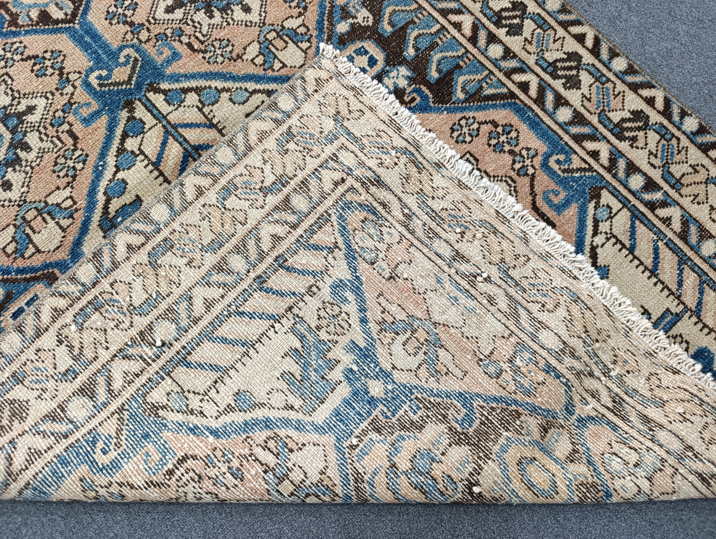 3'7" x 5'3" Vintage Oriental Rug, Faded Blue Beige Wool Carpet
