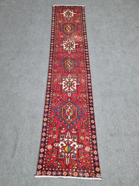 2x8 Vintage Turkish Runner Rug, Handwoven Red Anatolian Tribal Carpet, Geometric Hallway Kitchen Runner