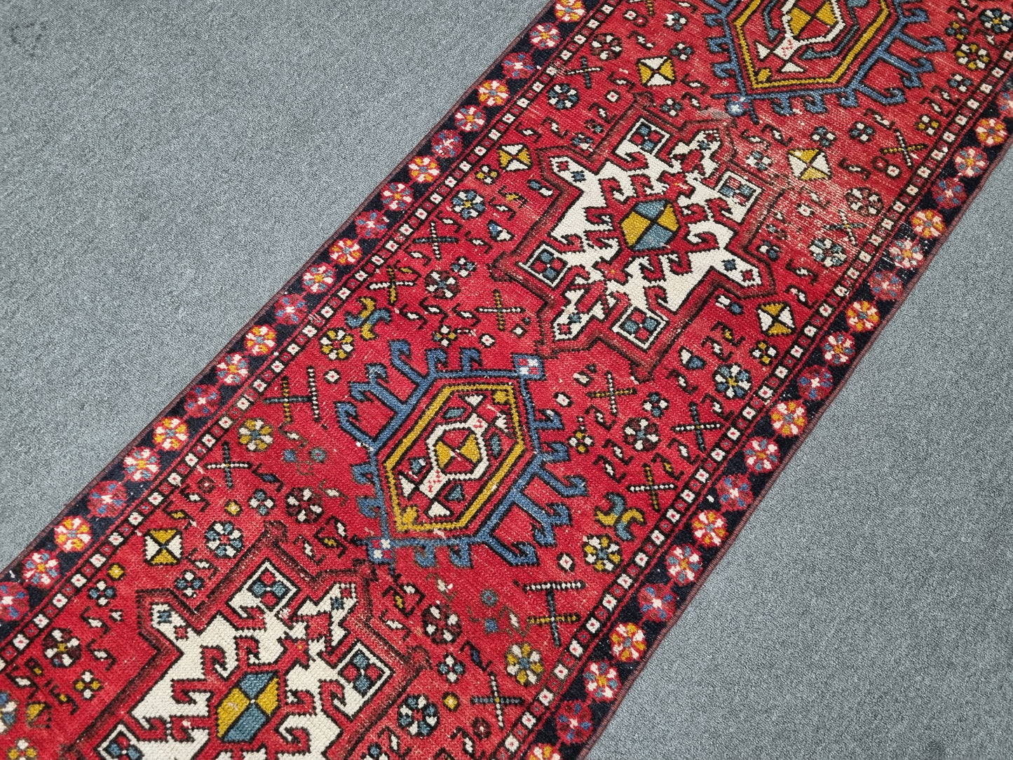 2x8 Vintage Turkish Runner Rug, Handwoven Red Anatolian Tribal Carpet, Geometric Hallway Kitchen Runner