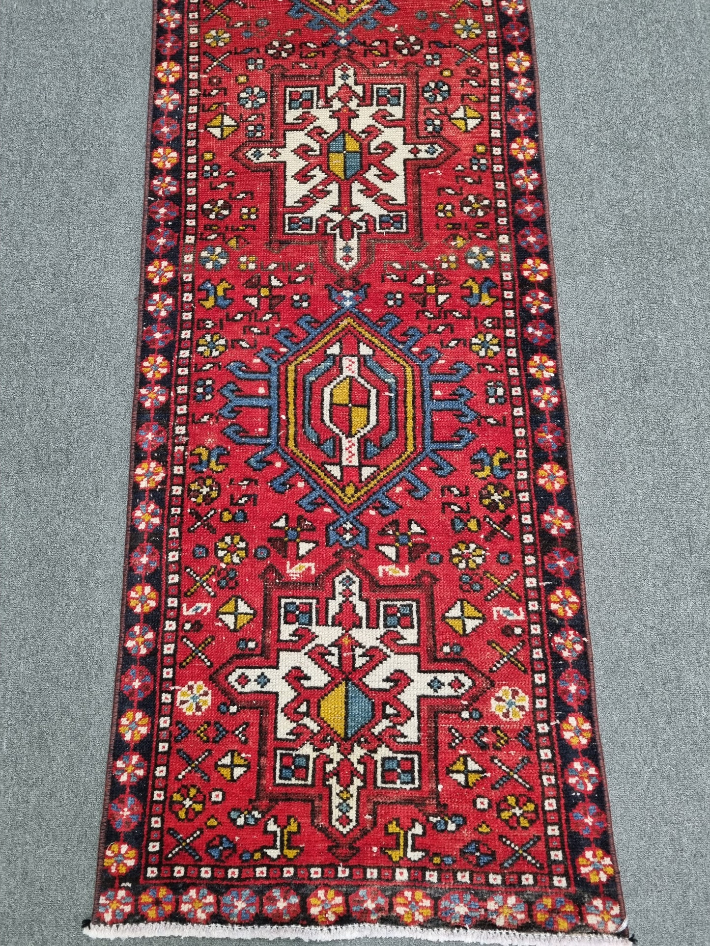 2x8 Vintage Turkish Runner Rug, Handwoven Red Anatolian Tribal Carpet, Geometric Hallway Kitchen Runner