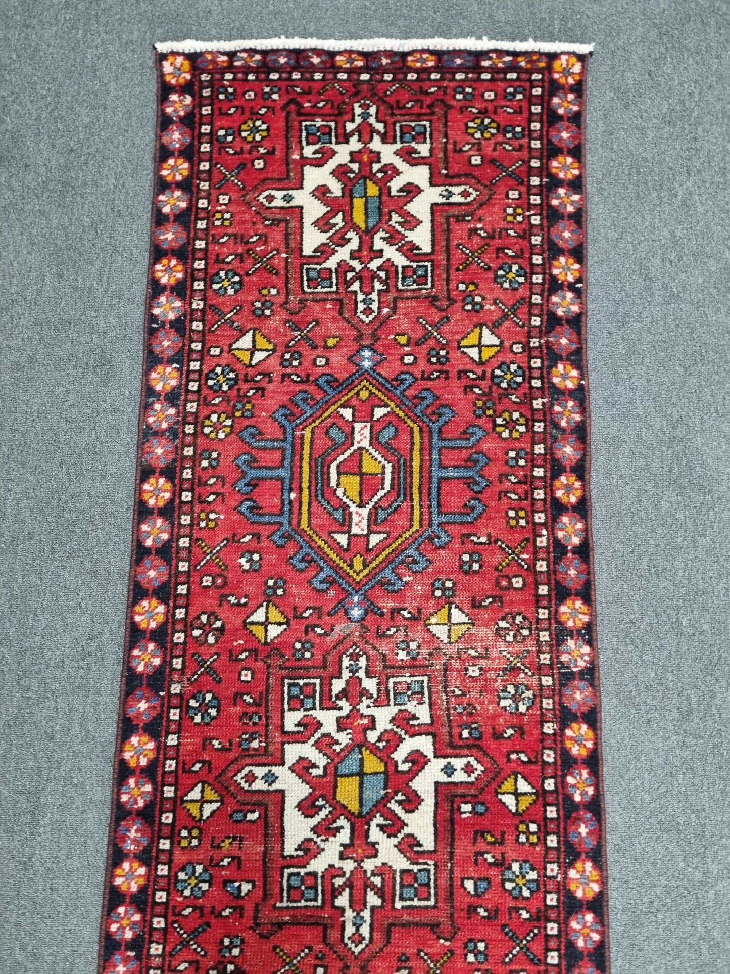 2x8 Vintage Turkish Runner Rug, Handwoven Red Anatolian Tribal Carpet, Geometric Hallway Kitchen Runner