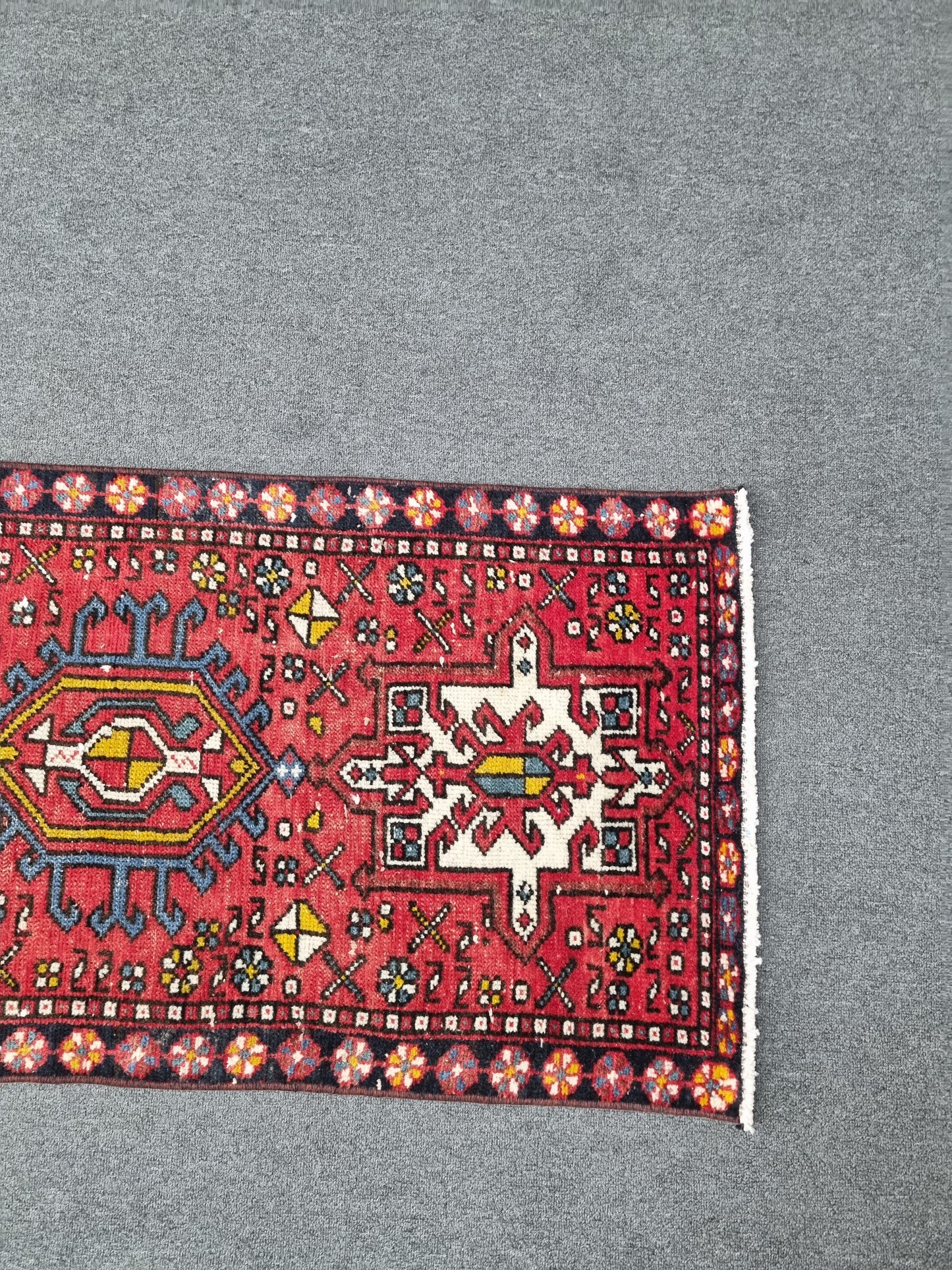 2x8 Vintage Turkish Runner Rug, Handwoven Red Anatolian Tribal Carpet, Geometric Hallway Kitchen Runner