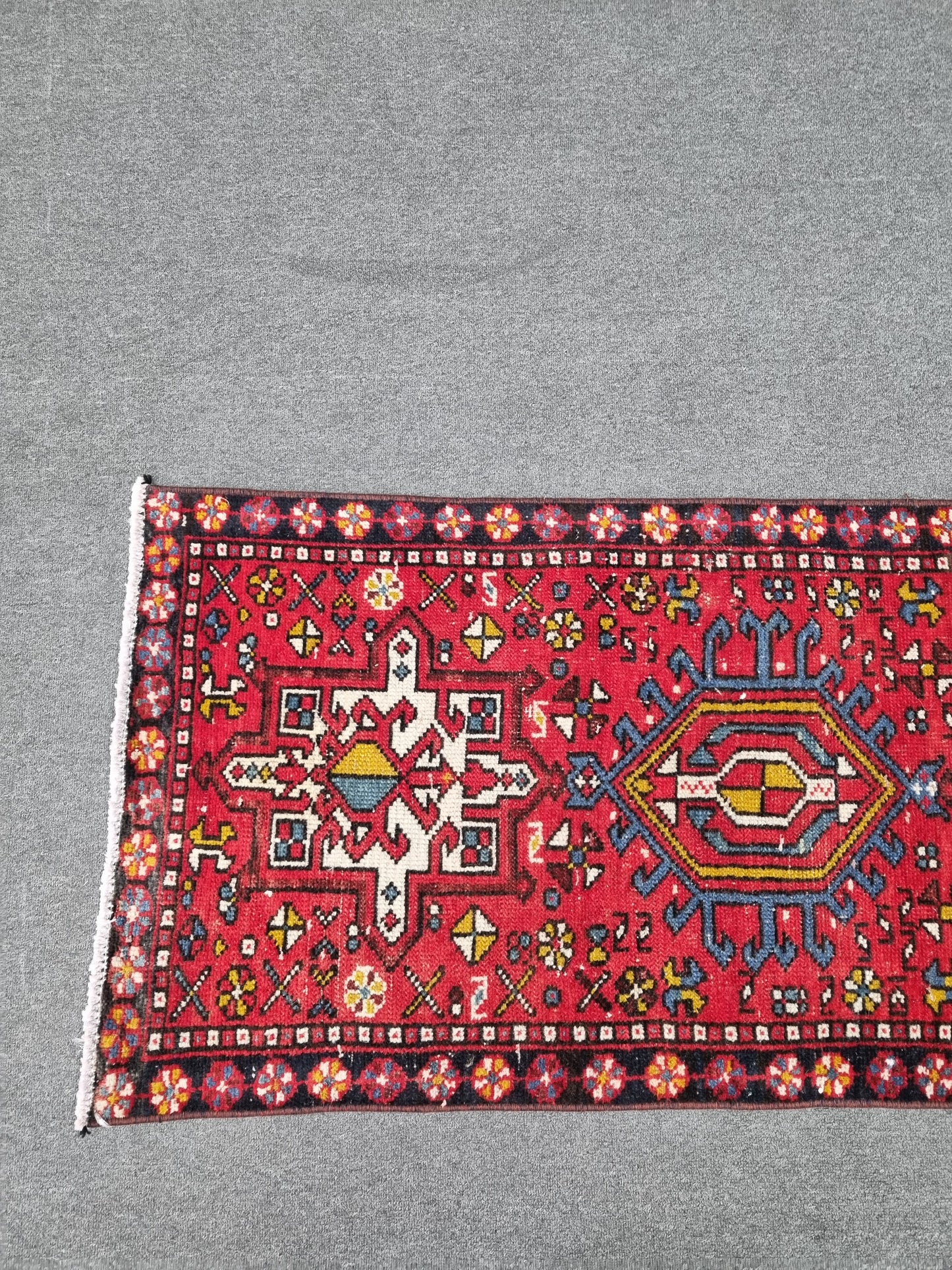 2x8 Vintage Turkish Runner Rug, Handwoven Red Anatolian Tribal Carpet, Geometric Hallway Kitchen Runner