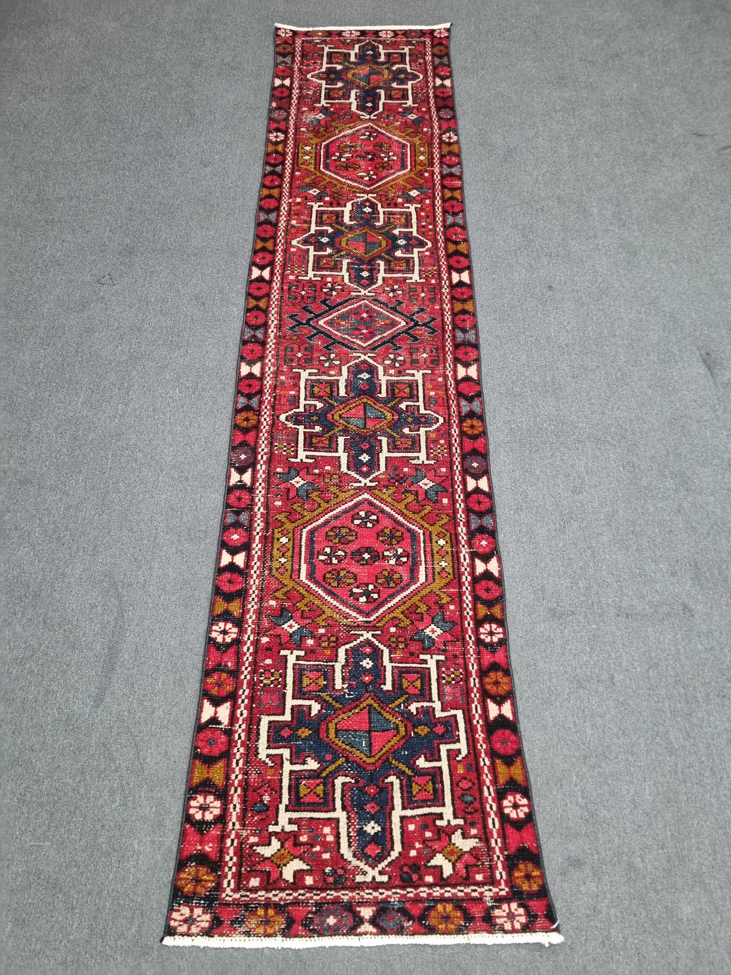 Authentic Turkish Vintage Runner Rug 2.5x9 ft, Handwoven Red Anatolian Tribal Hallway Rug