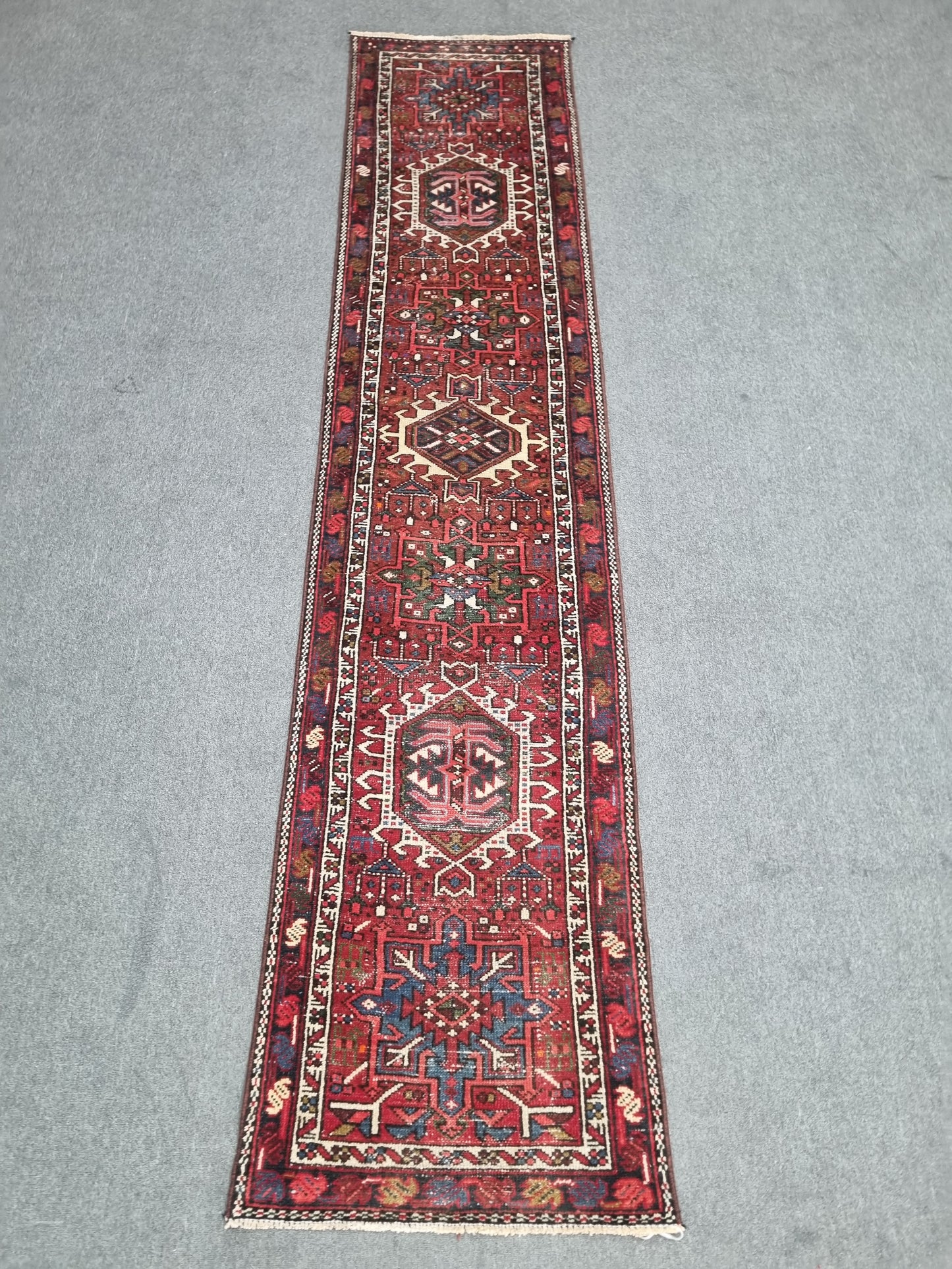 2x9 Vintage Turkish Runner Rug, Handwoven Red Anatolian Tribal Carpet, Geometric Hallway Rug