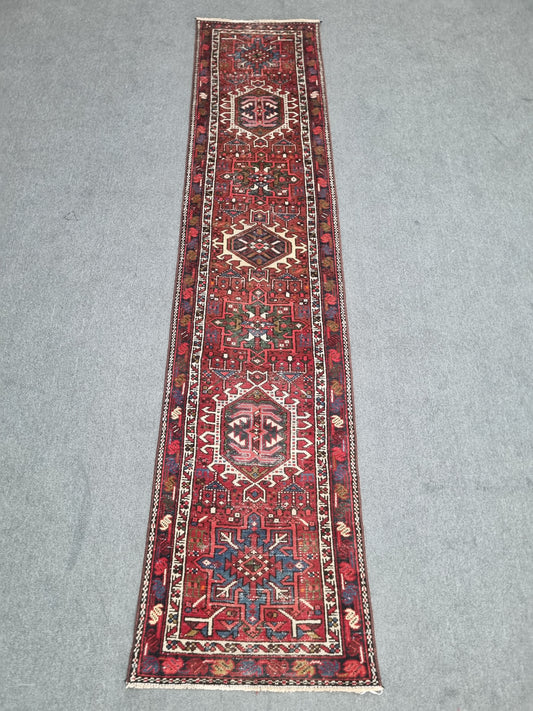 2x9 Vintage Turkish Runner Rug, Handwoven Red Anatolian Tribal Carpet, Geometric Hallway Rug