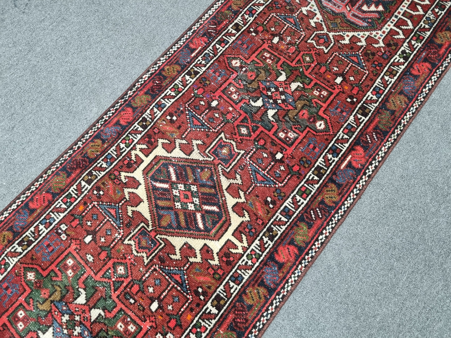 2x9 Vintage Turkish Runner Rug, Handwoven Red Anatolian Tribal Carpet, Geometric Hallway Rug
