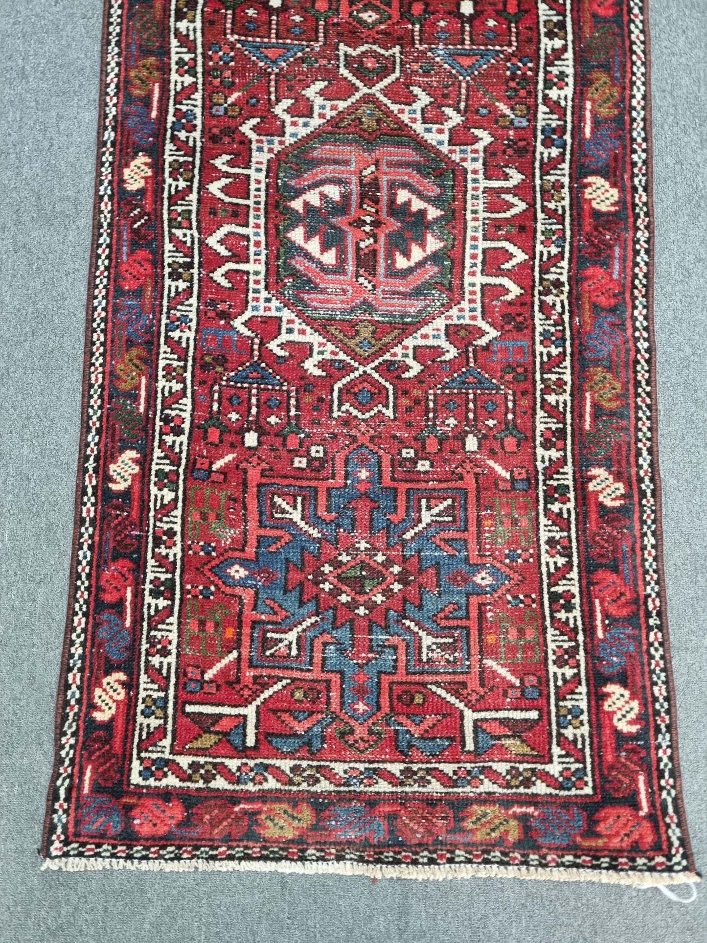 2x9 Vintage Turkish Runner Rug, Handwoven Red Anatolian Tribal Carpet, Geometric Hallway Rug