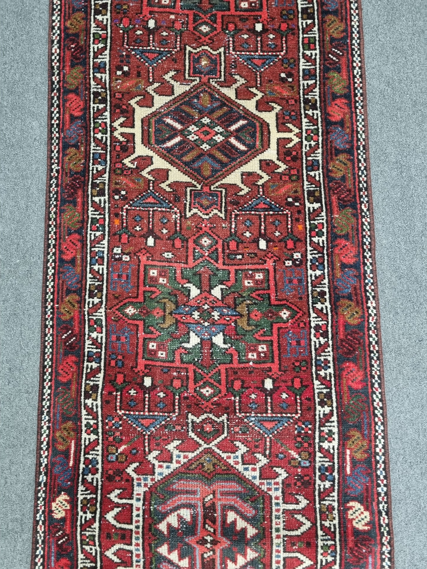 2x9 Vintage Turkish Runner Rug, Handwoven Red Anatolian Tribal Carpet, Geometric Hallway Rug