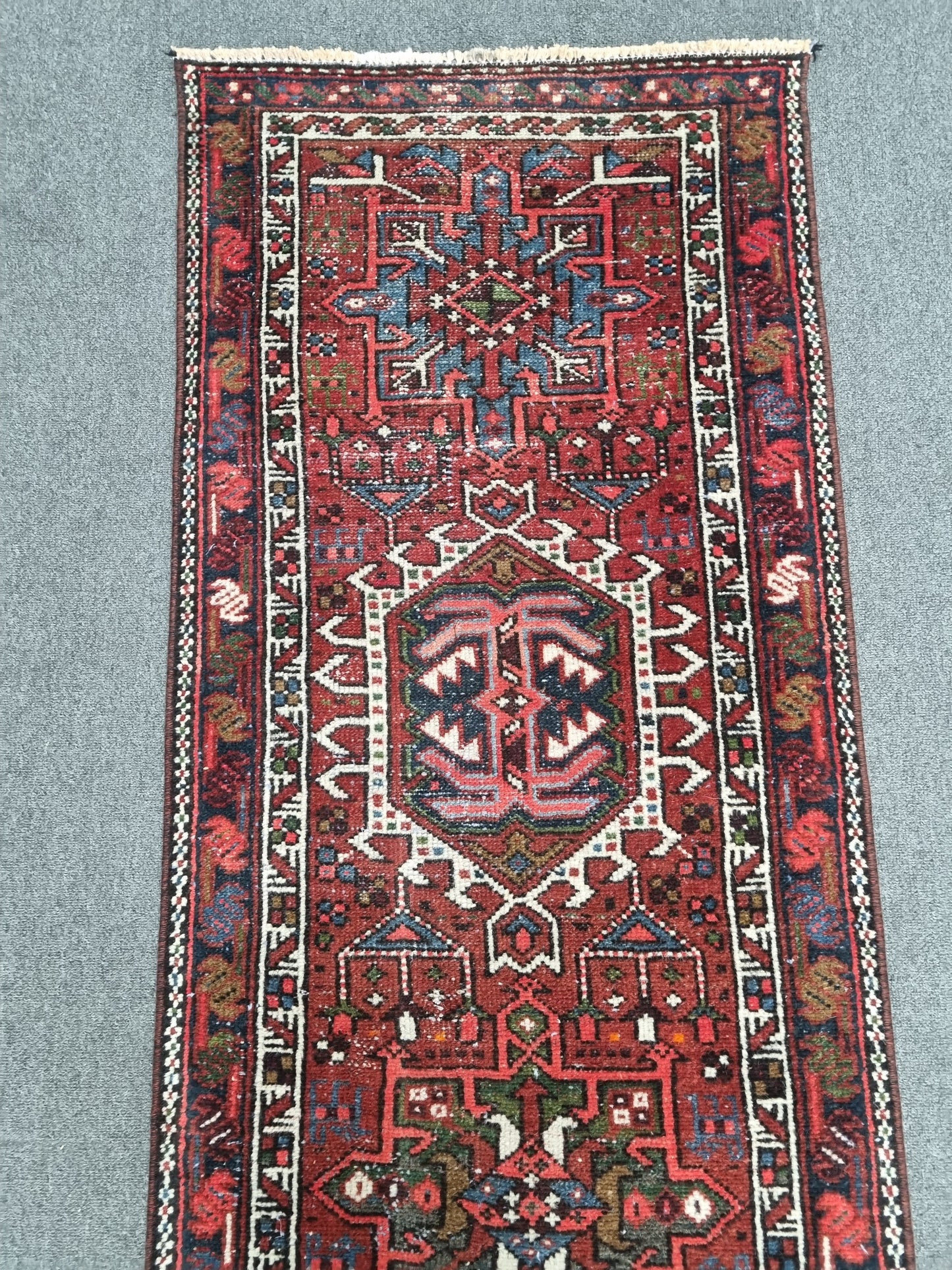 2x9 Vintage Turkish Runner Rug, Handwoven Red Anatolian Tribal Carpet, Geometric Hallway Rug