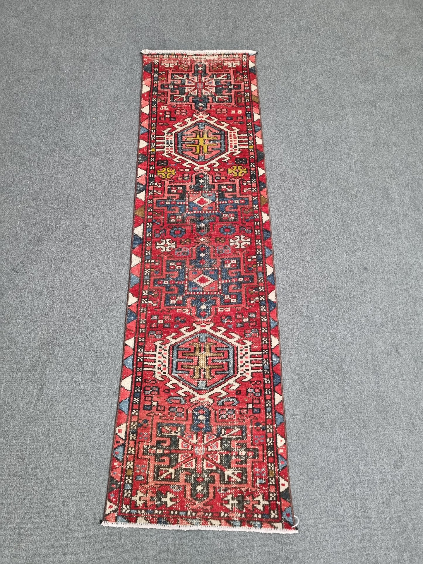 2x7 Vintage Turkish Runner Rug, Handwoven Red Anatolian Tribal Carpet, Geometric Hallway Rug