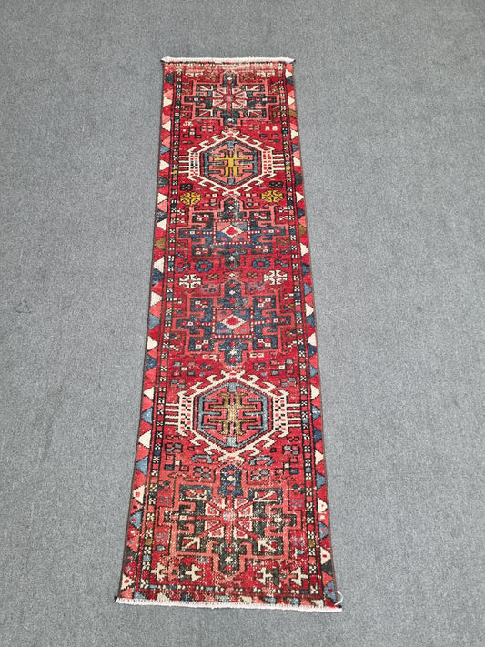2x7 Vintage Turkish Runner Rug, Handwoven Red Anatolian Tribal Carpet, Geometric Hallway Rug