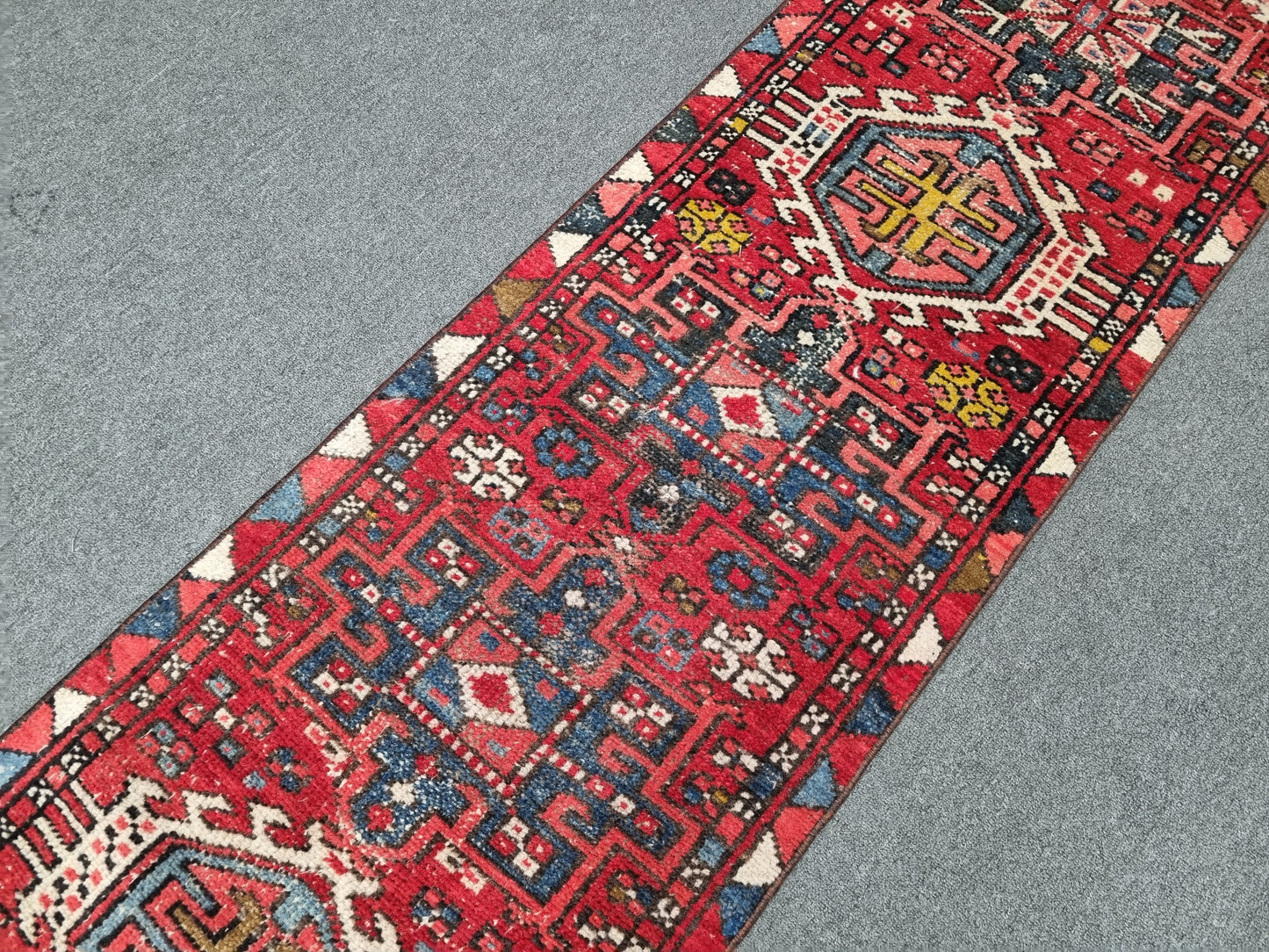 2x7 Vintage Turkish Runner Rug, Handwoven Red Anatolian Tribal Carpet, Geometric Hallway Rug