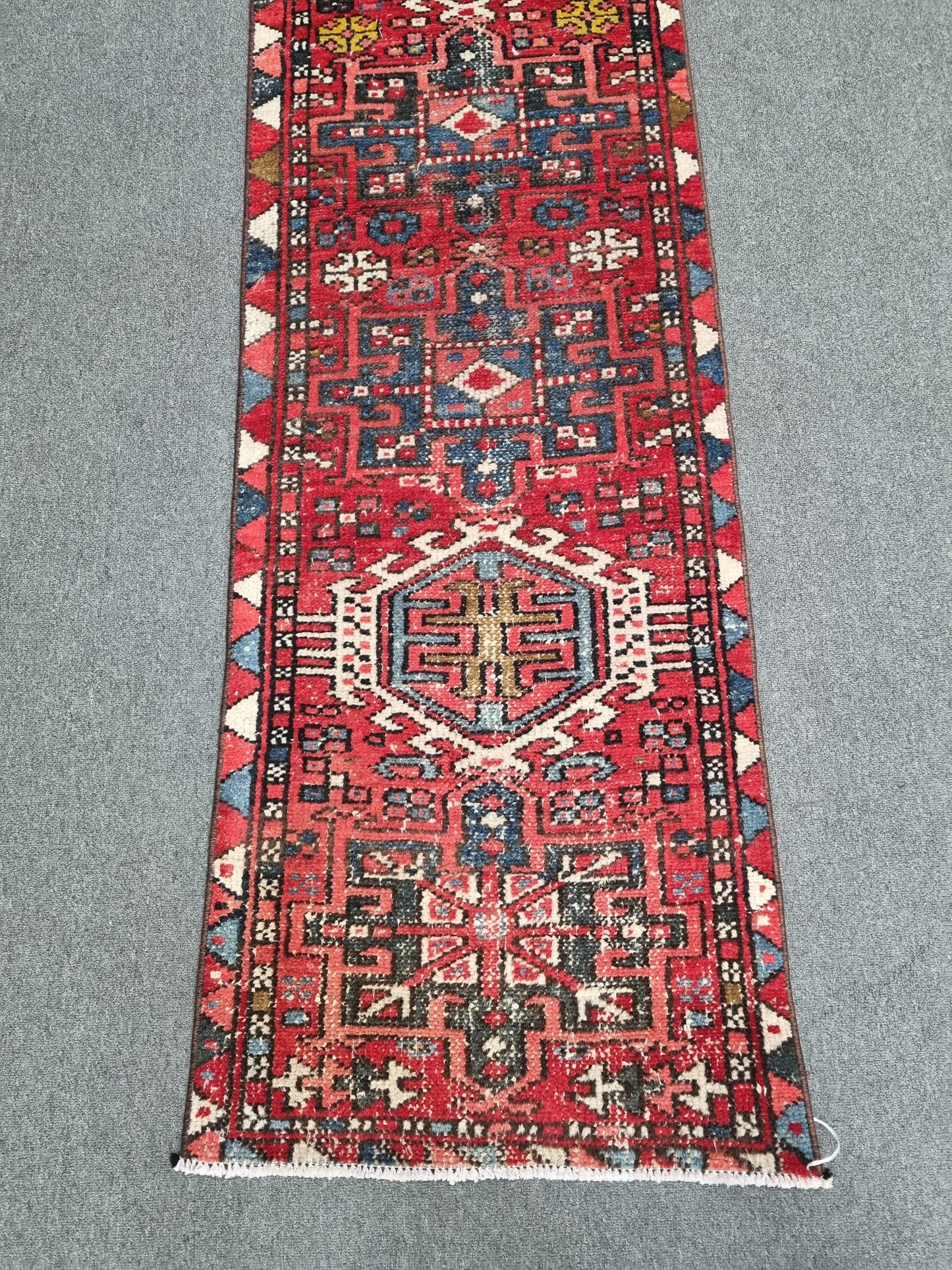 2x7 Vintage Turkish Runner Rug, Handwoven Red Anatolian Tribal Carpet, Geometric Hallway Rug