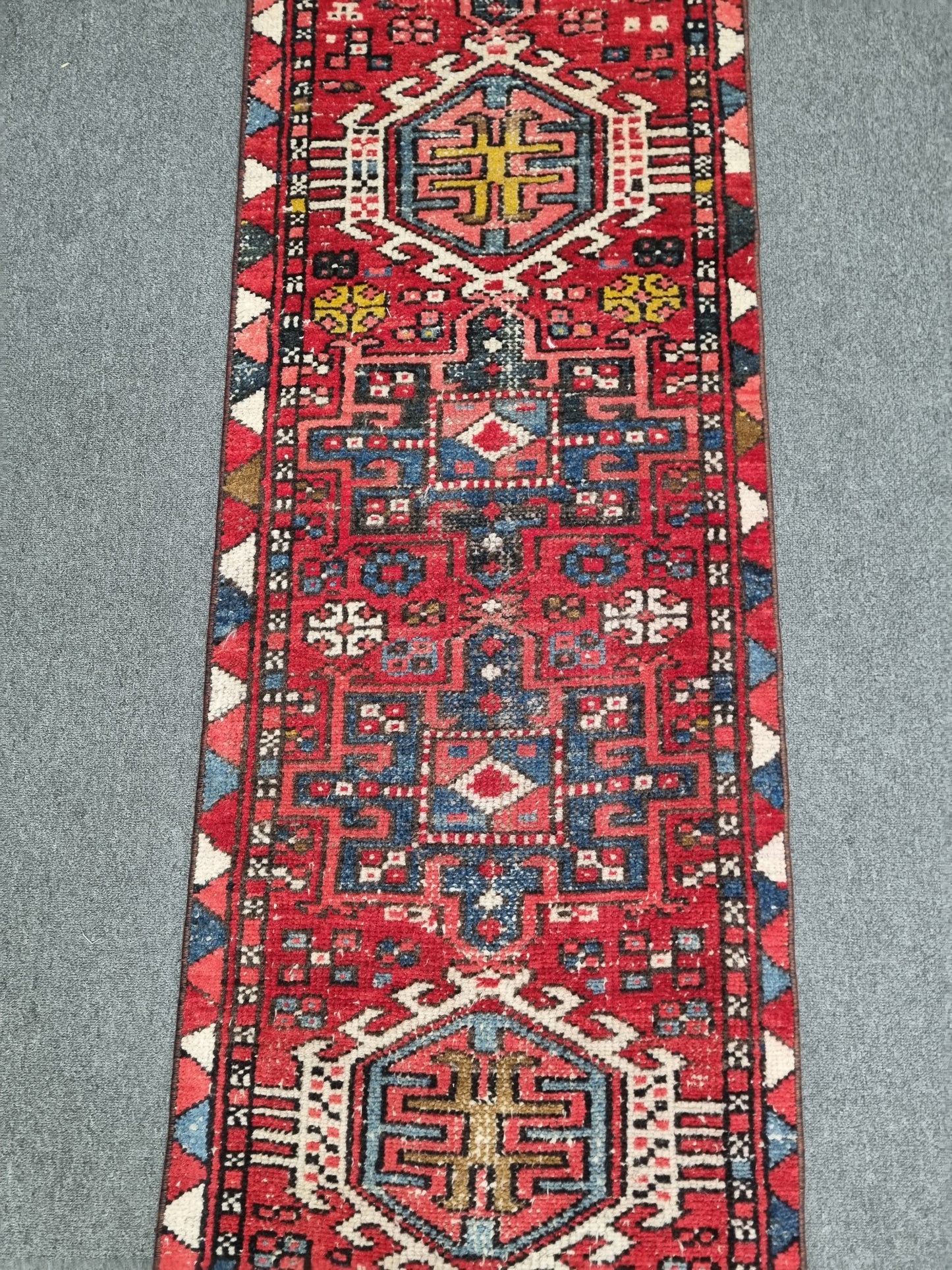 2x7 Vintage Turkish Runner Rug, Handwoven Red Anatolian Tribal Carpet, Geometric Hallway Rug