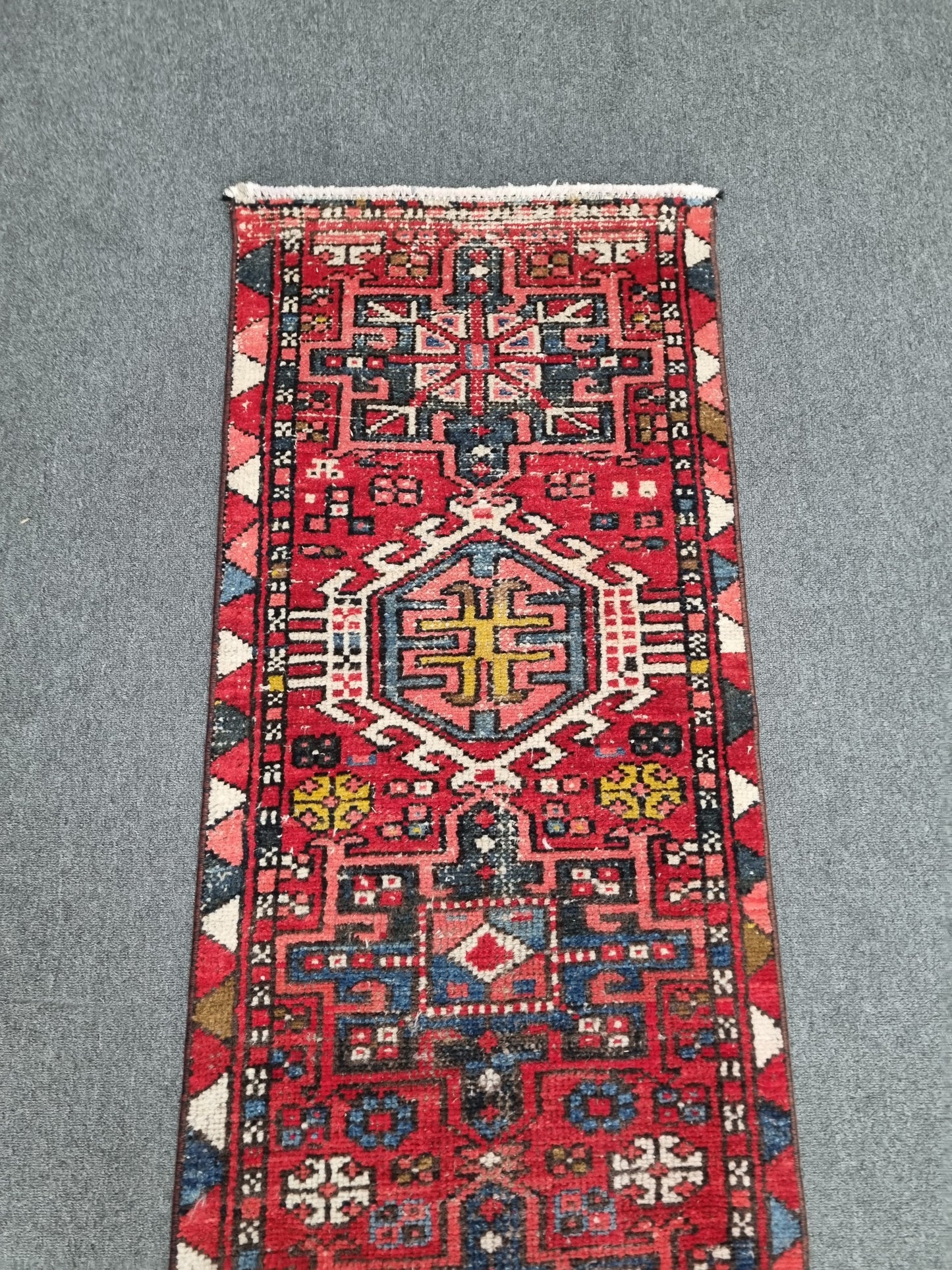 2x7 Vintage Turkish Runner Rug, Handwoven Red Anatolian Tribal Carpet, Geometric Hallway Rug
