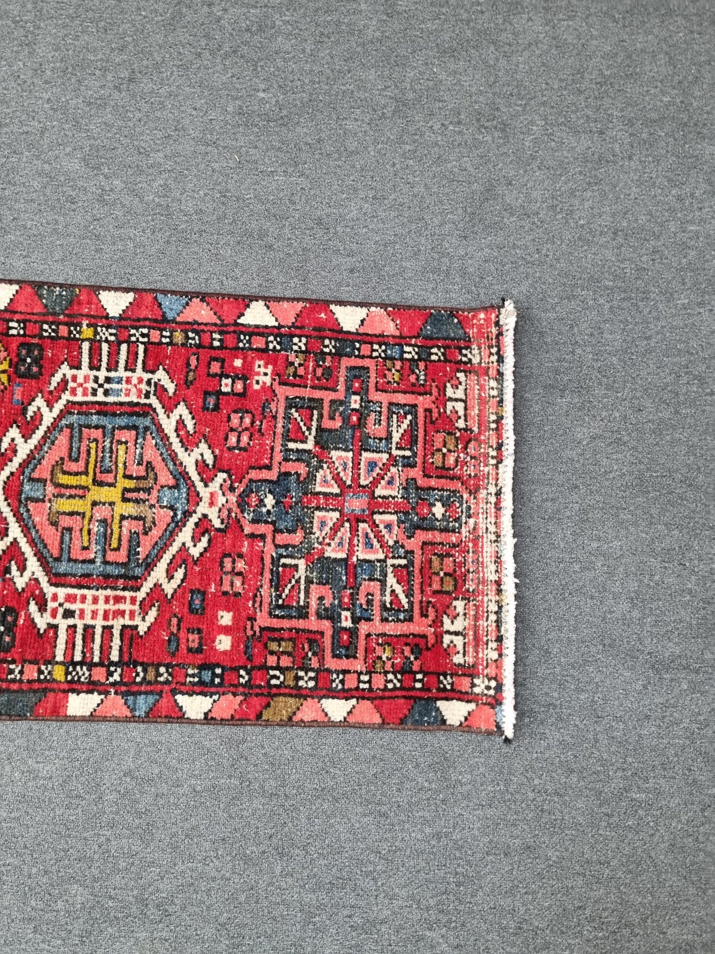2x7 Vintage Turkish Runner Rug, Handwoven Red Anatolian Tribal Carpet, Geometric Hallway Rug