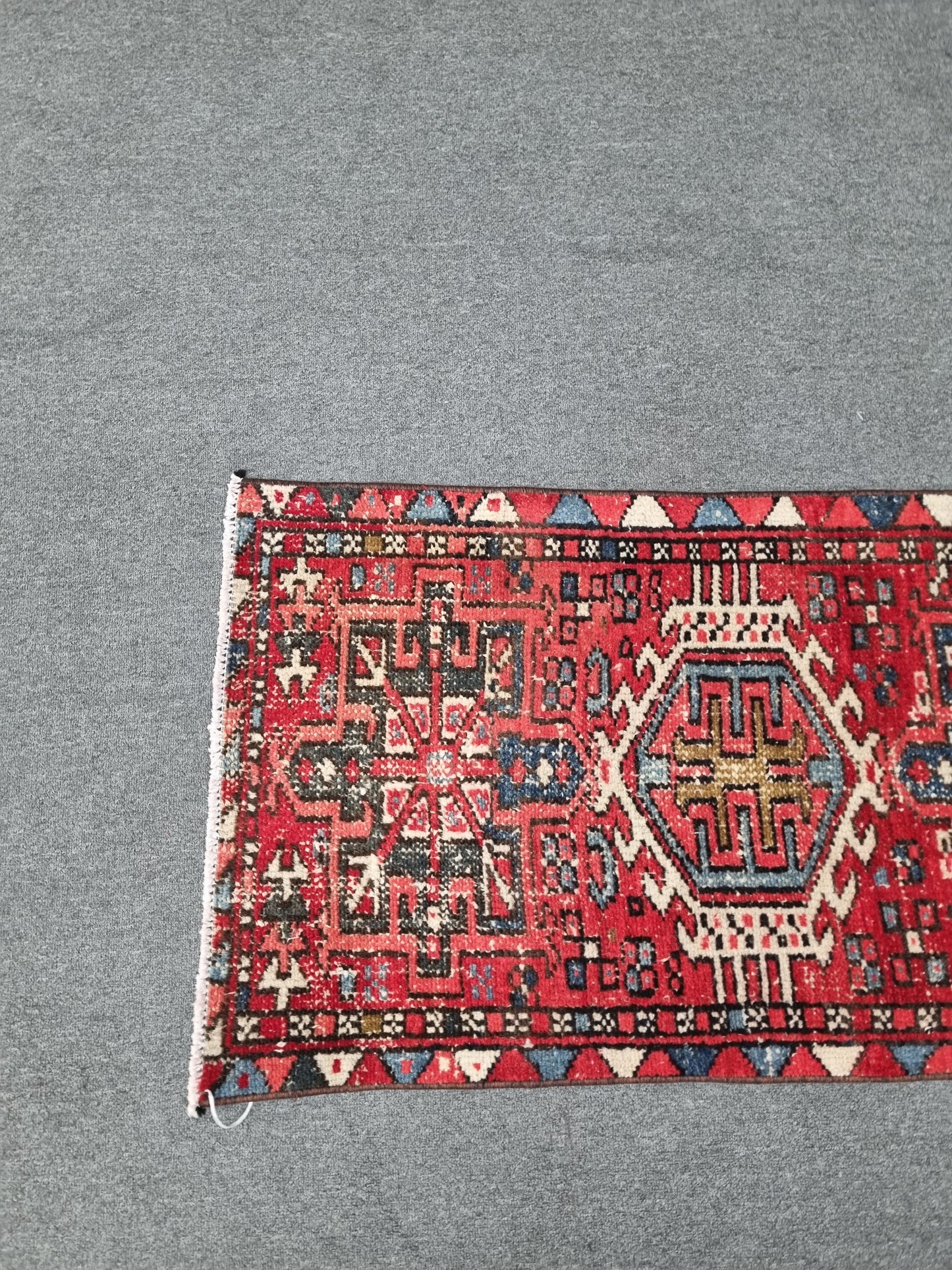 2x7 Vintage Turkish Runner Rug, Handwoven Red Anatolian Tribal Carpet, Geometric Hallway Rug