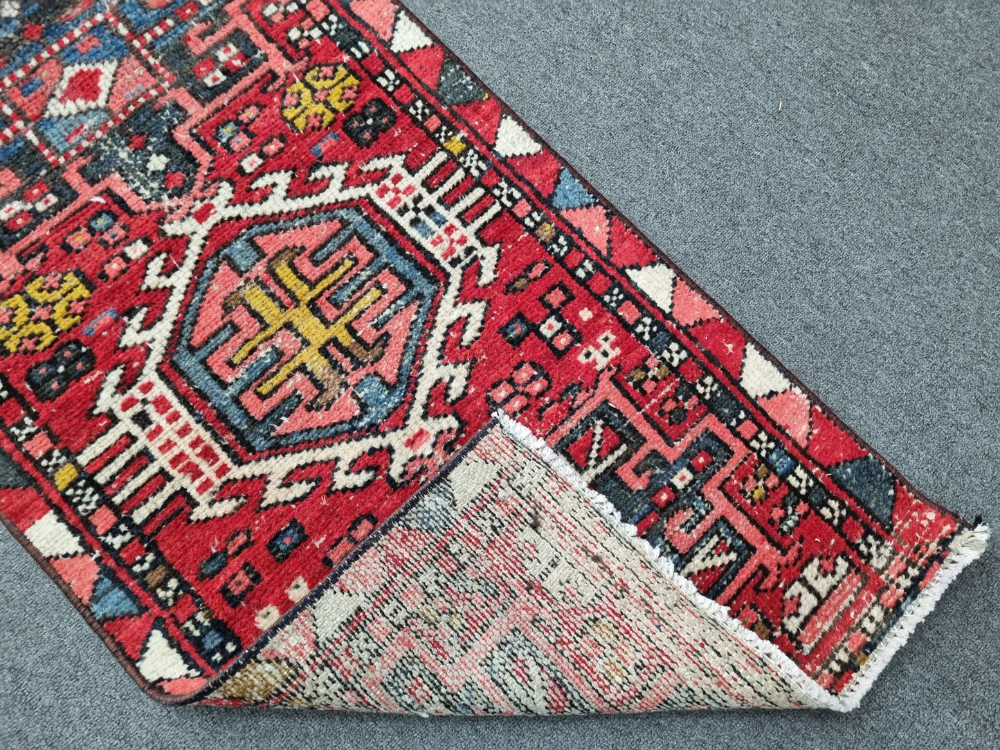 2x7 Vintage Turkish Runner Rug, Handwoven Red Anatolian Tribal Carpet, Geometric Hallway Rug