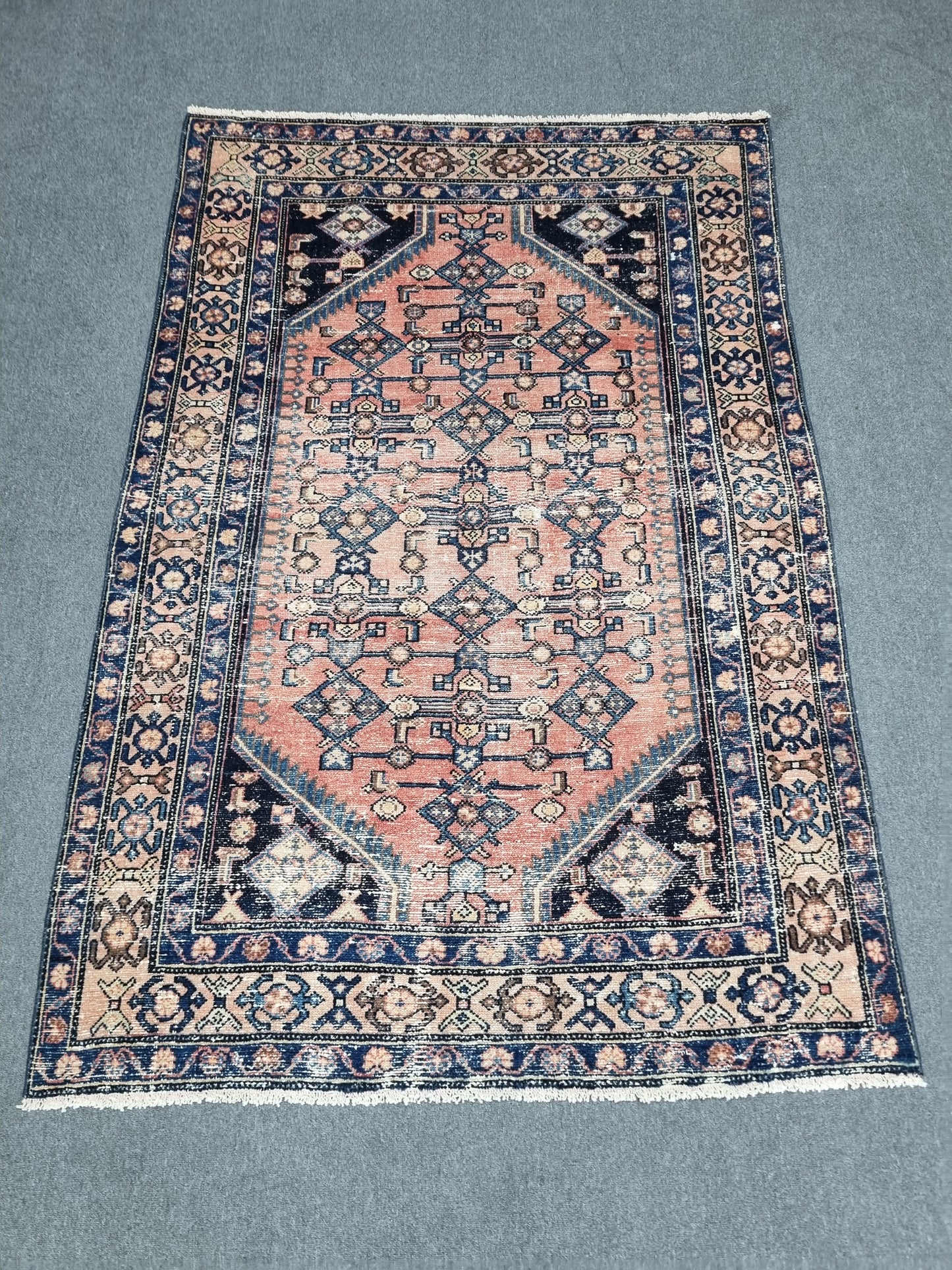 Vintage Area Rug 4'3x6'2, Handwoven Wool Carpet, Faded Red Blue Oriental Rug