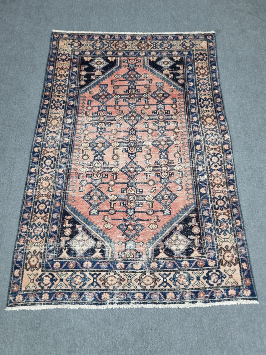 Vintage Area Rug 4'3x6'2, Handwoven Wool Carpet, Faded Red Blue Oriental Rug