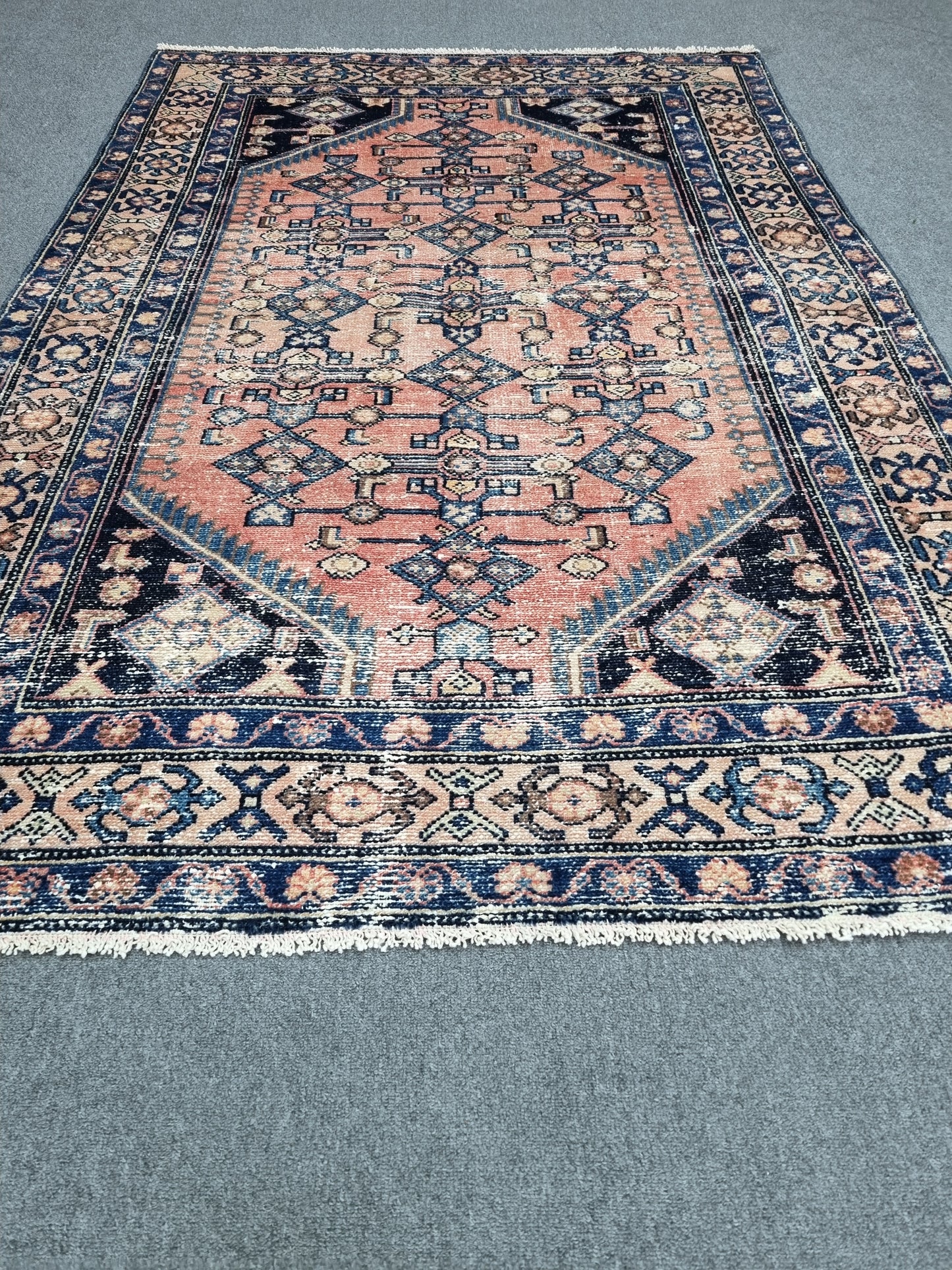Vintage Area Rug 4'3x6'2, Handwoven Wool Carpet, Faded Red Blue Oriental Rug