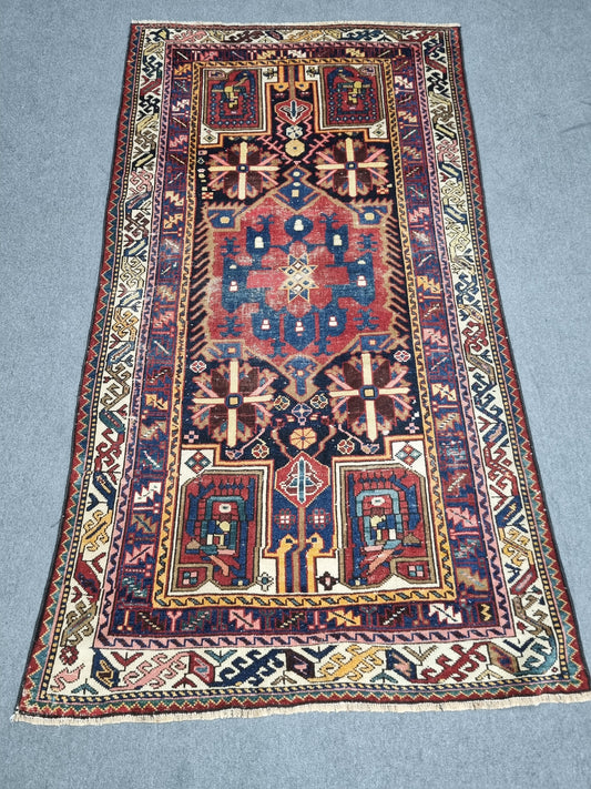 4'4" x 7'7" Vintage Turkish Rug, Navy Red Tribal Medallion Wool Area Rug