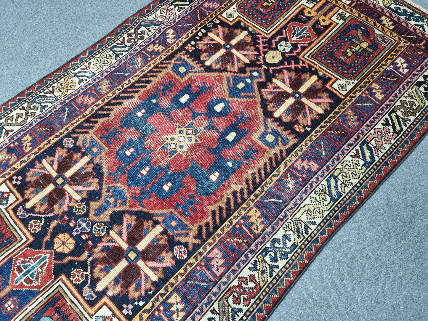 4'4" x 7'7" Vintage Turkish Rug, Navy Red Tribal Medallion Wool Area Rug