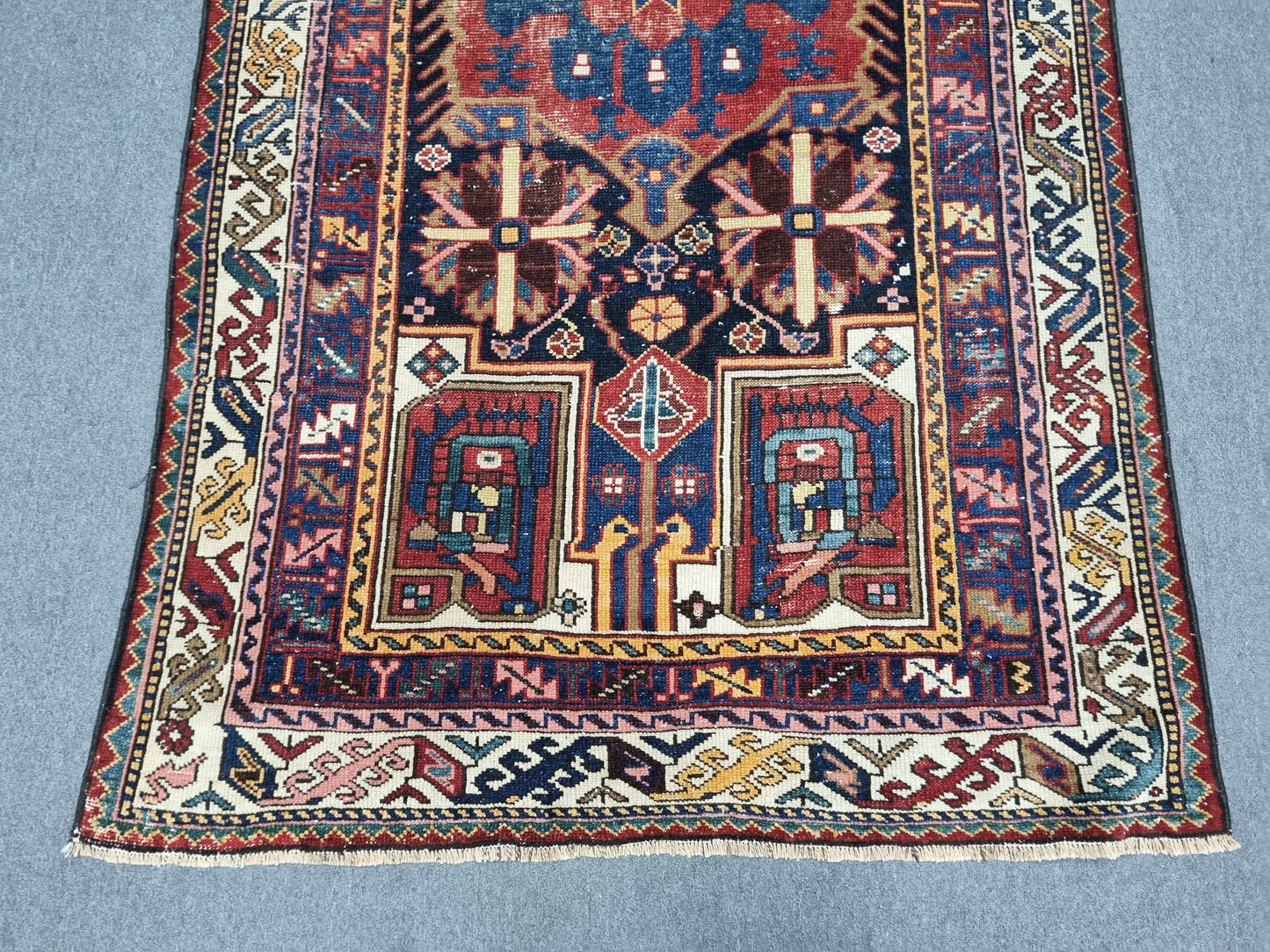 4'4" x 7'7" Vintage Turkish Rug, Navy Red Tribal Medallion Wool Area Rug