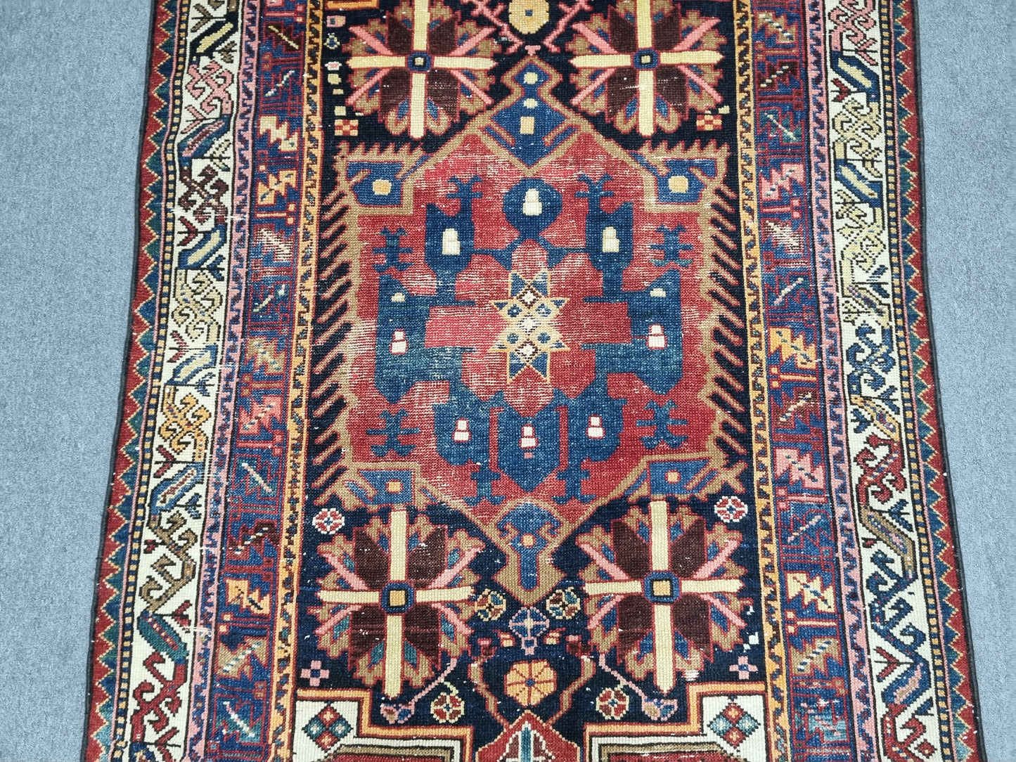 4'4" x 7'7" Vintage Turkish Rug, Navy Red Tribal Medallion Wool Area Rug