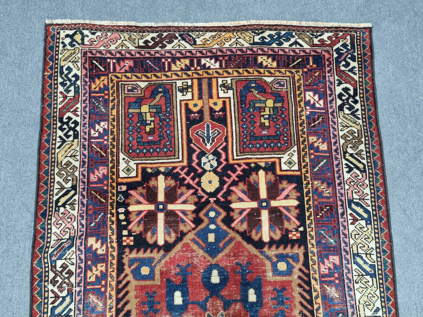 4'4" x 7'7" Vintage Turkish Rug, Navy Red Tribal Medallion Wool Area Rug