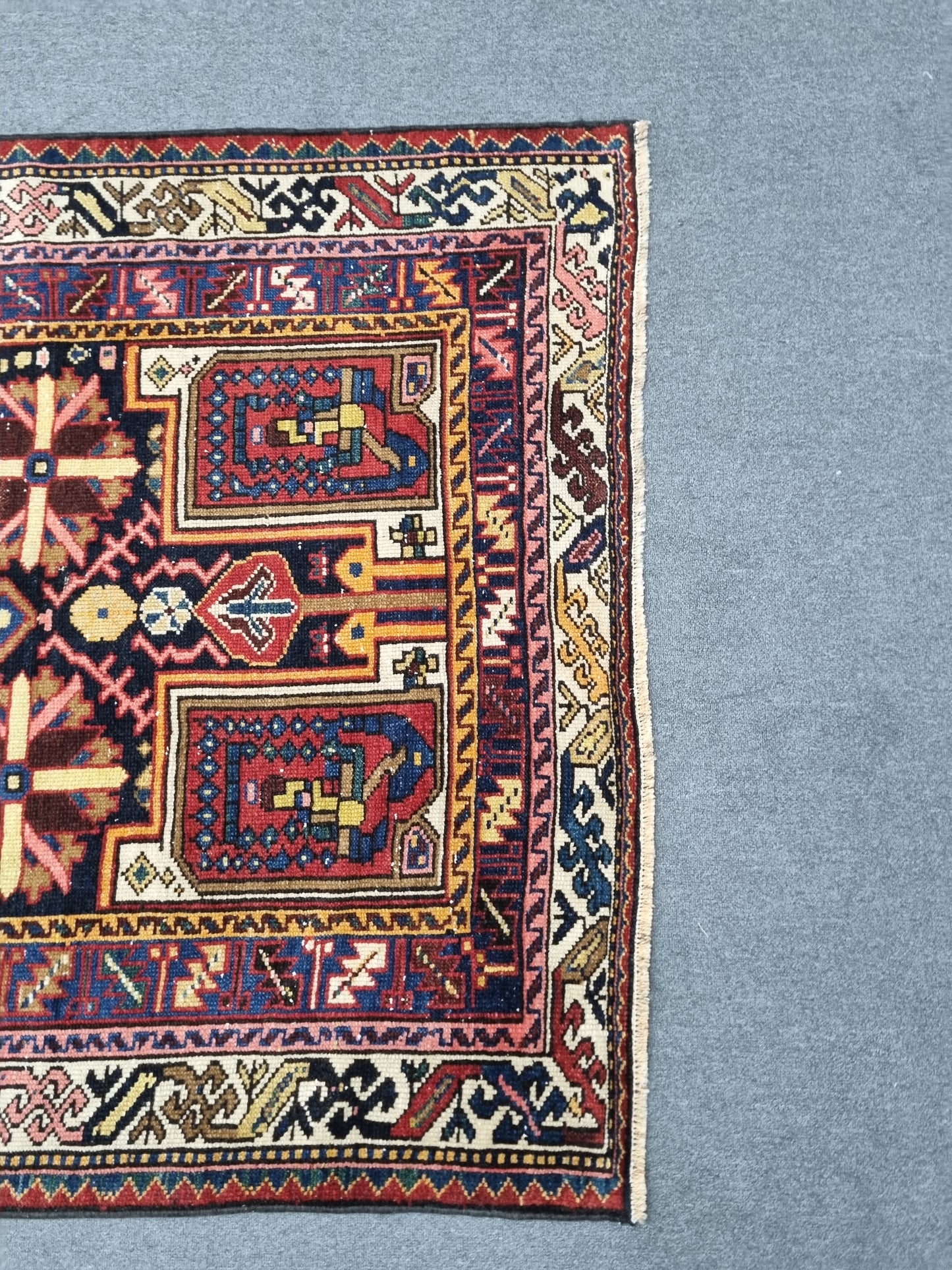 4'4" x 7'7" Vintage Turkish Rug, Navy Red Tribal Medallion Wool Area Rug