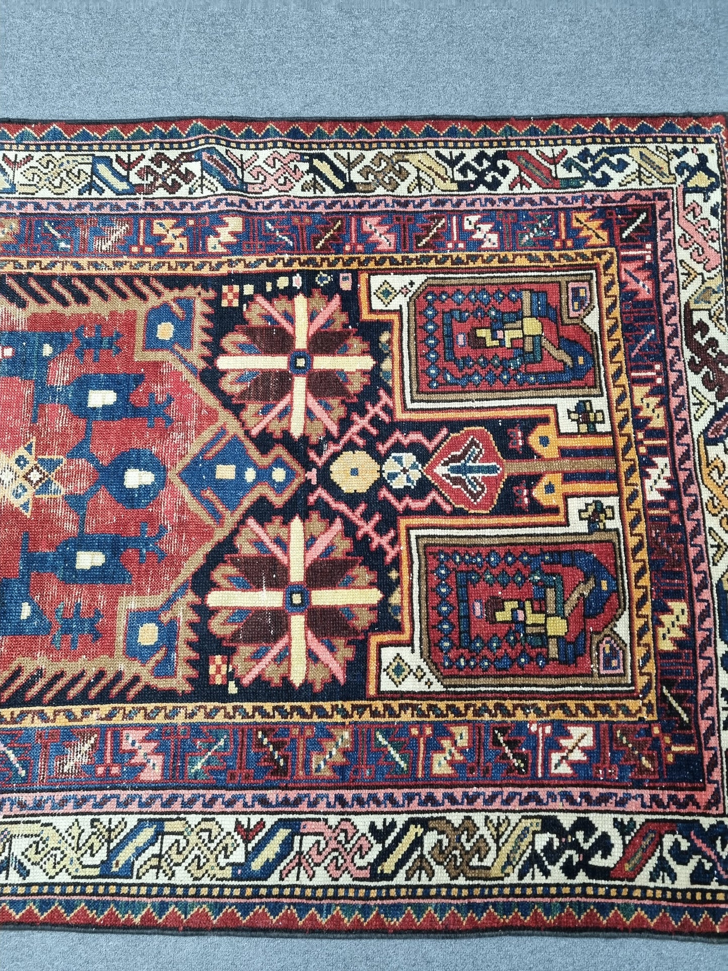 4'4" x 7'7" Vintage Turkish Rug, Navy Red Tribal Medallion Wool Area Rug
