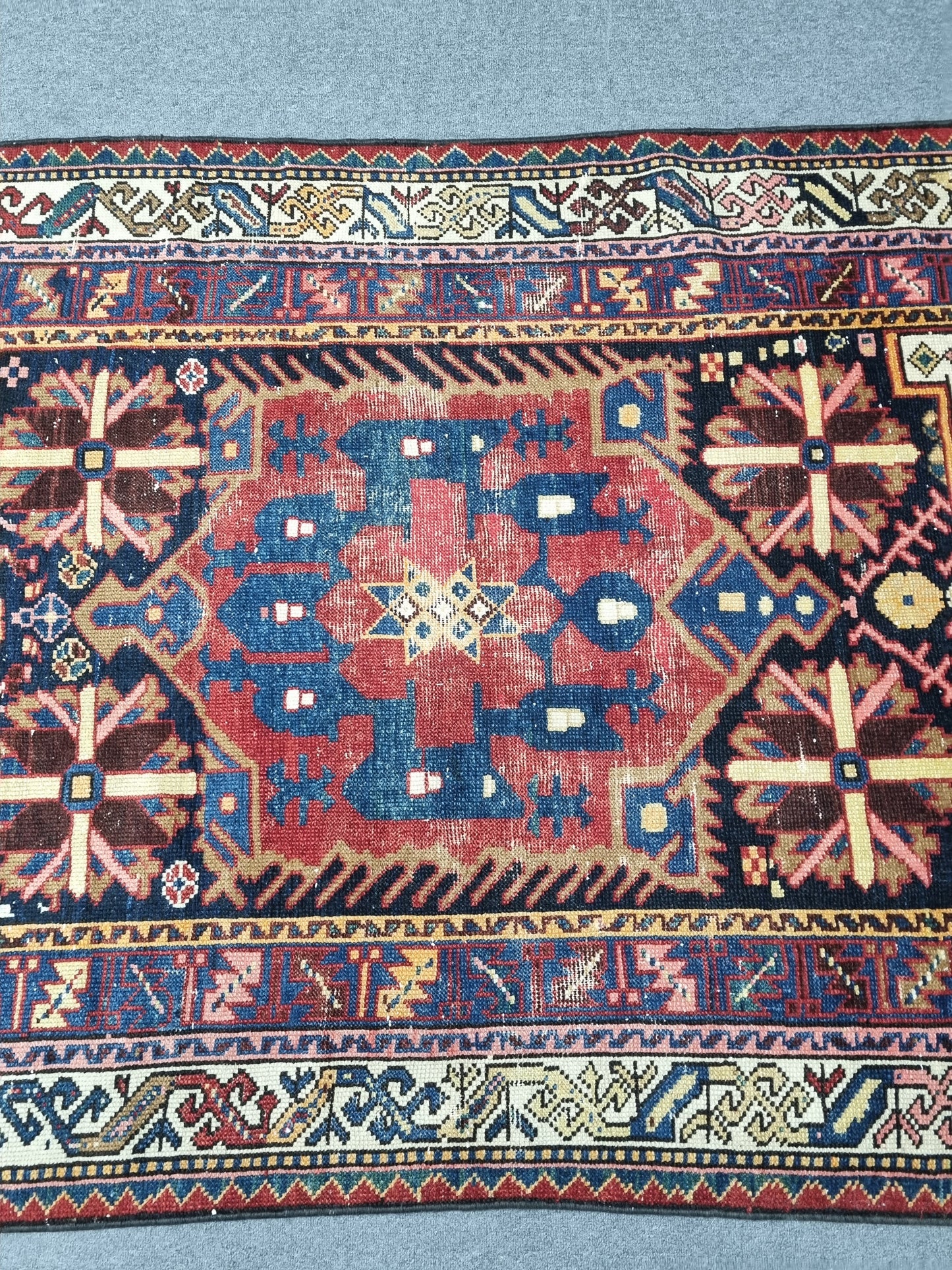 4'4" x 7'7" Vintage Turkish Rug, Navy Red Tribal Medallion Wool Area Rug