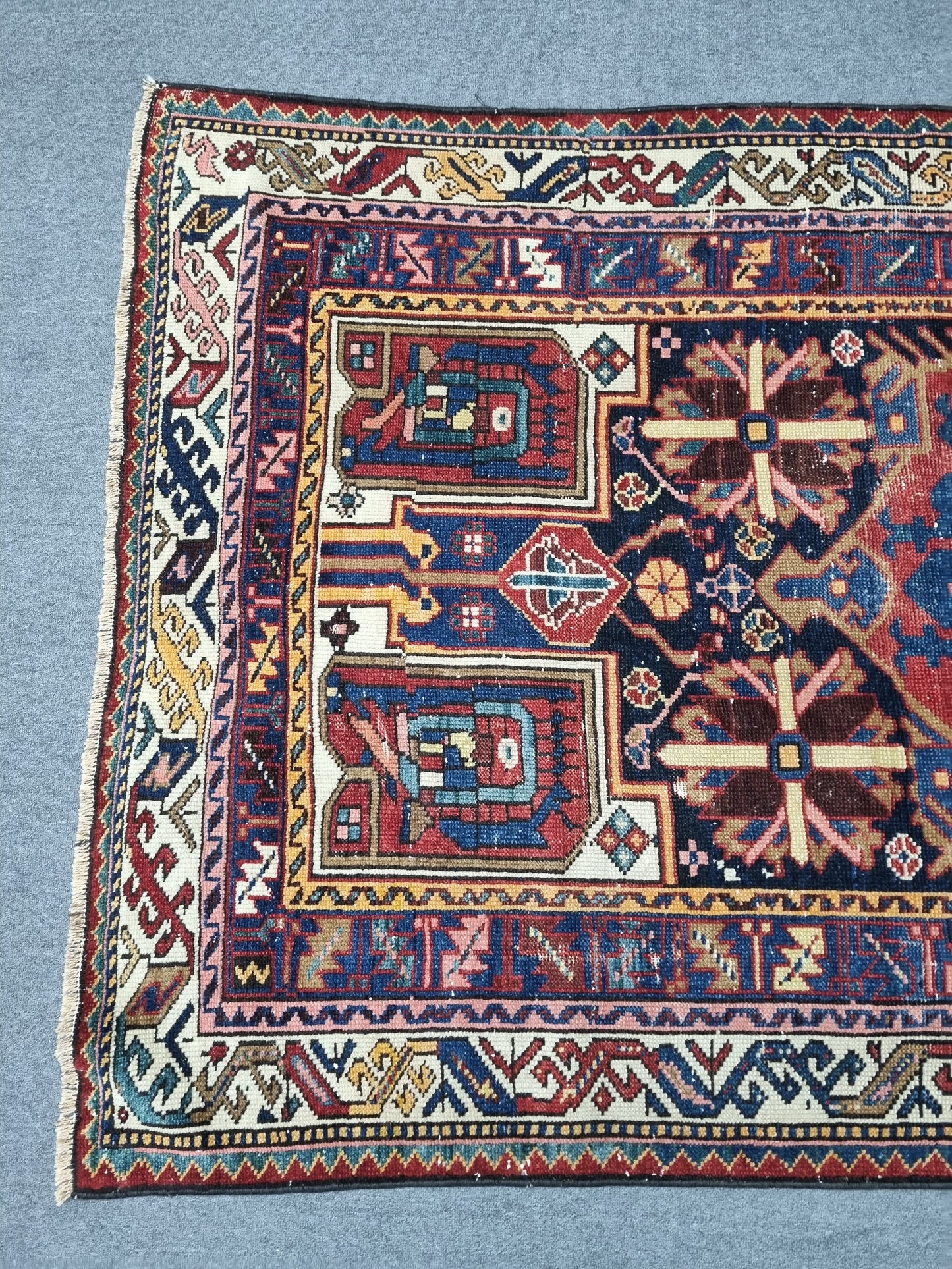 4'4" x 7'7" Vintage Turkish Rug, Navy Red Tribal Medallion Wool Area Rug