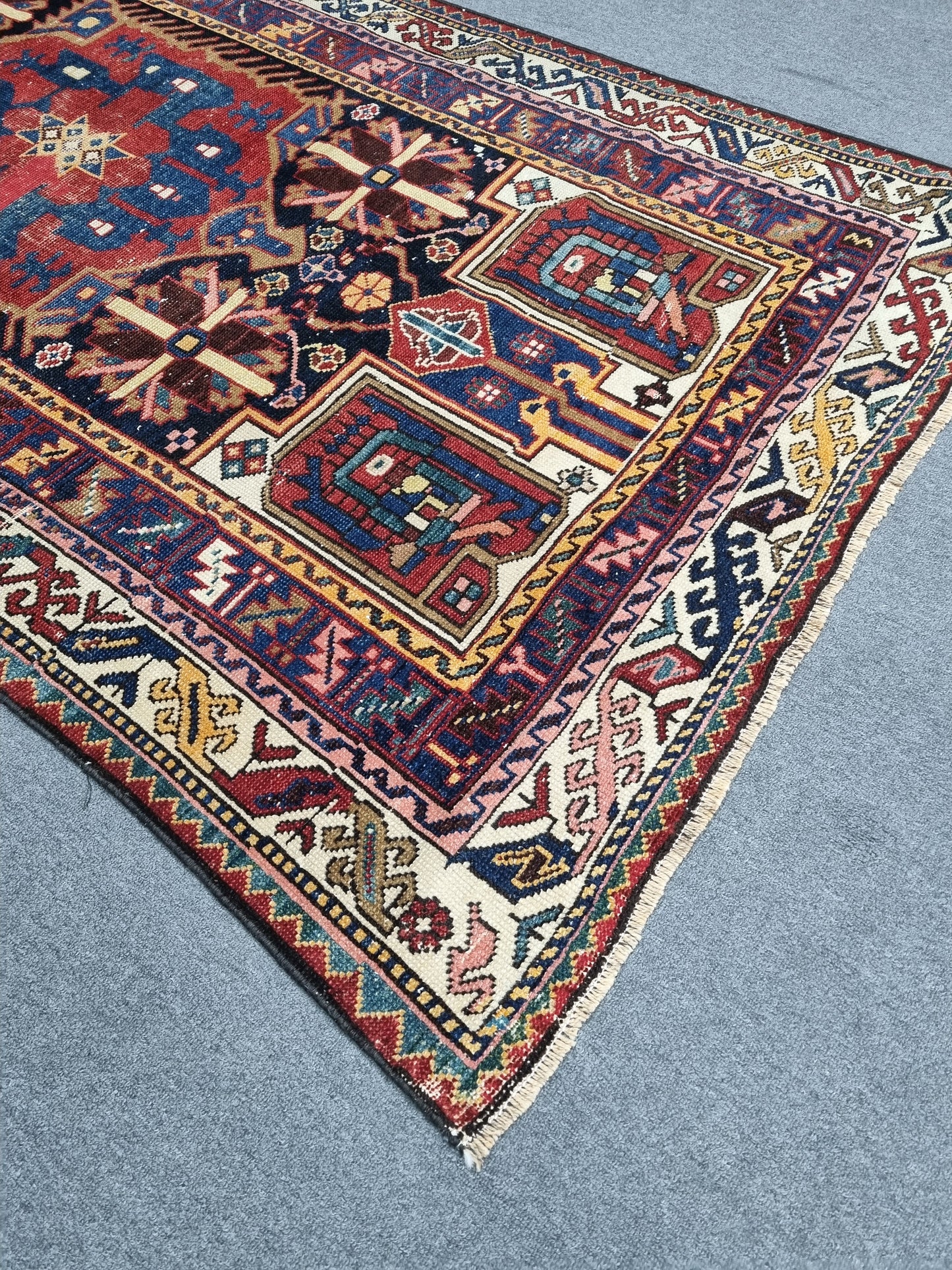 4'4" x 7'7" Vintage Turkish Rug, Navy Red Tribal Medallion Wool Area Rug
