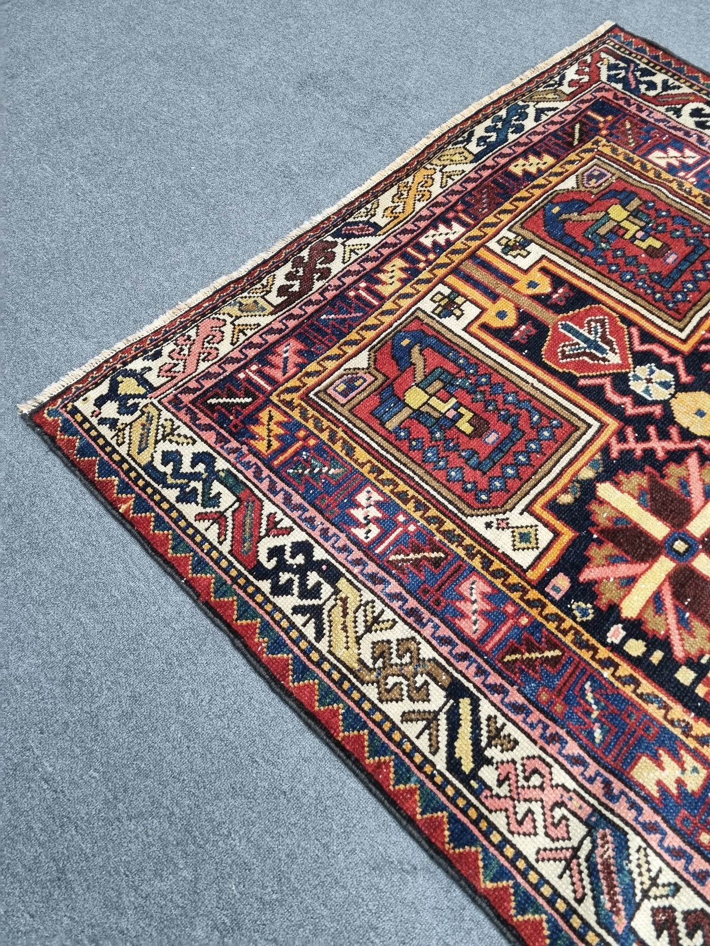 4'4" x 7'7" Vintage Turkish Rug, Navy Red Tribal Medallion Wool Area Rug