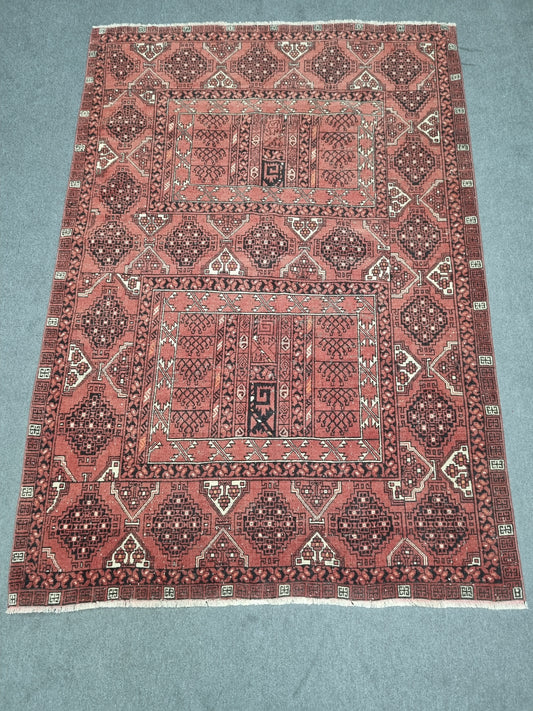 Vintage Wool Rug 5'6" x 7'11", Handwoven Geometric Area Rug, Red Tribal Pattern Carpet