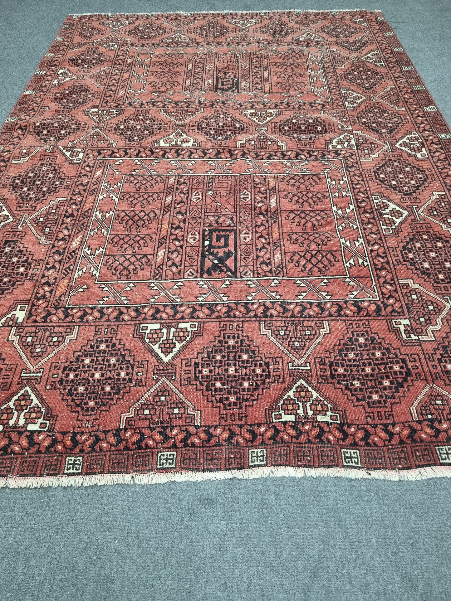 Vintage Wool Rug 5'6" x 7'11", Handwoven Geometric Area Rug, Red Tribal Pattern Carpet