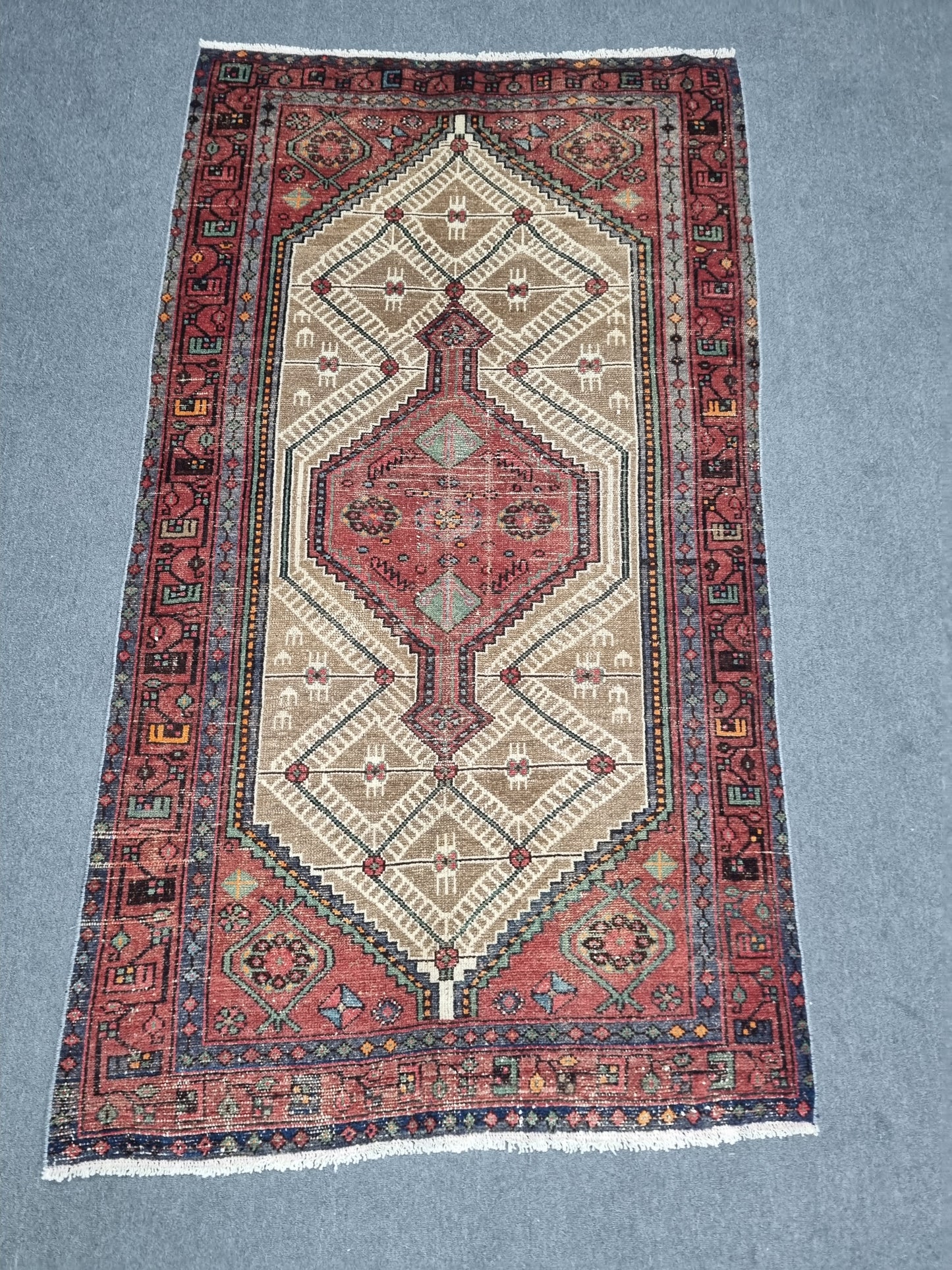 3'8" x 6'7" Vintage Turkish Rug, Beige Red Tribal Medallion Wool Area Rug
