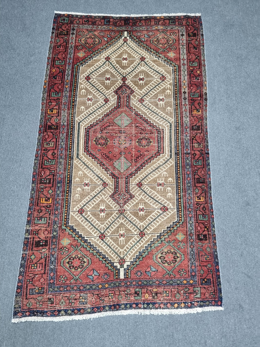 3'8" x 6'7" Vintage Turkish Rug, Beige Red Tribal Medallion Wool Area Rug