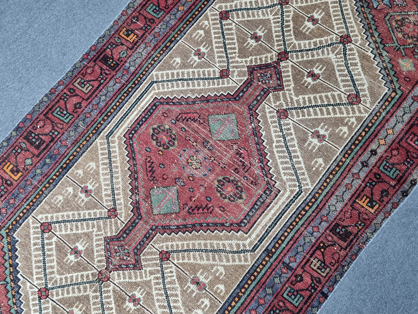 3'8" x 6'7" Vintage Turkish Rug, Beige Red Tribal Medallion Wool Area Rug