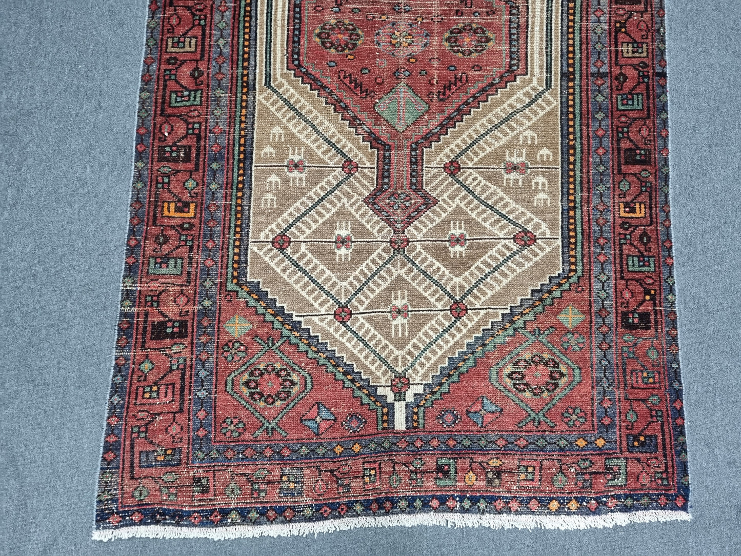 3'8" x 6'7" Vintage Turkish Rug, Beige Red Tribal Medallion Wool Area Rug