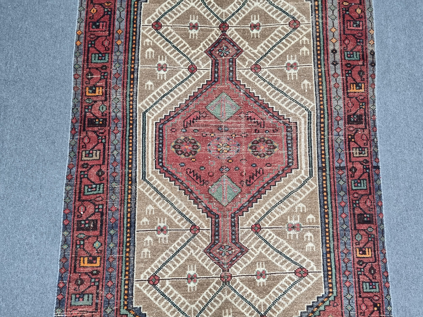 3'8" x 6'7" Vintage Turkish Rug, Beige Red Tribal Medallion Wool Area Rug