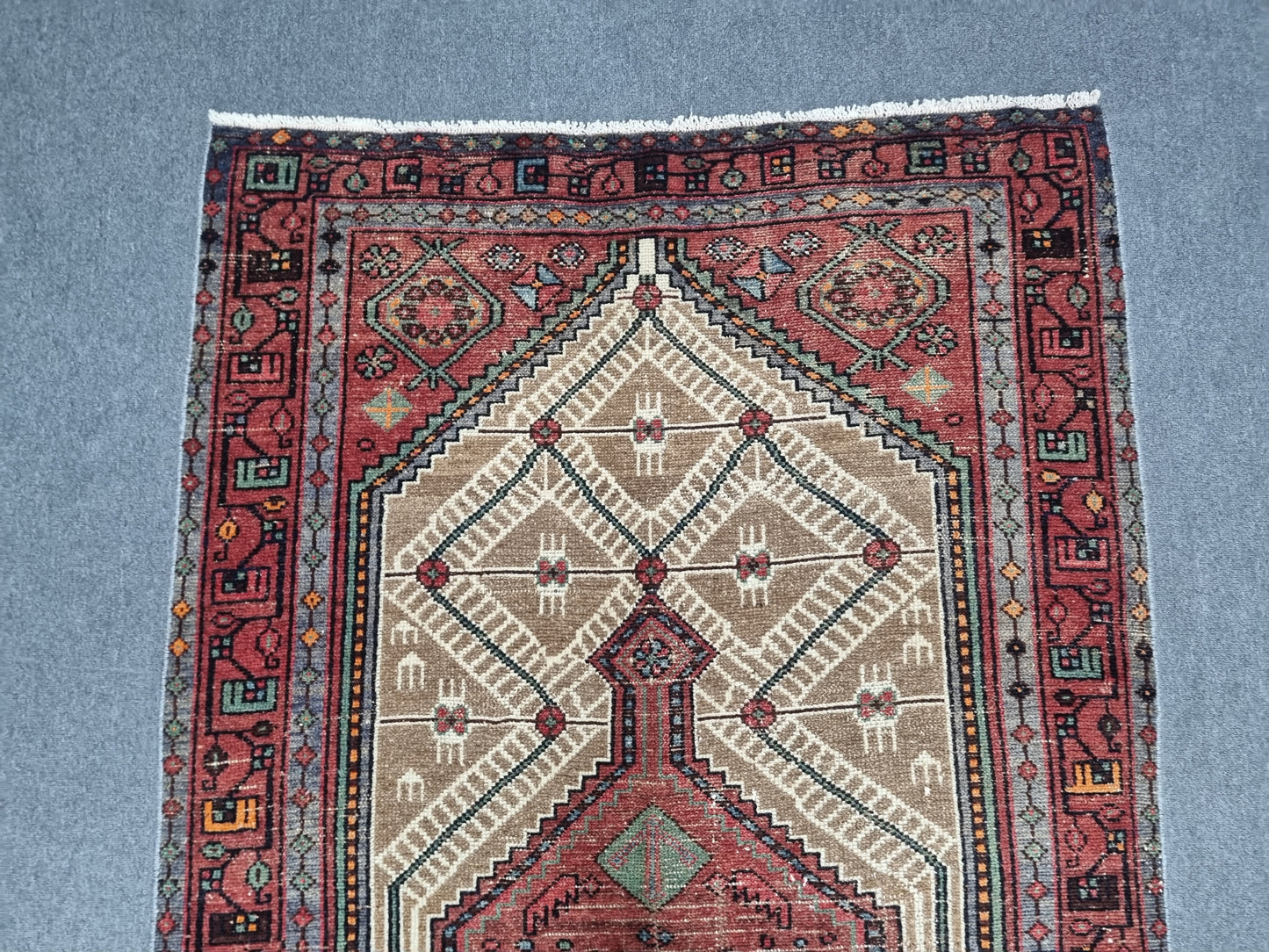 3'8" x 6'7" Vintage Turkish Rug, Beige Red Tribal Medallion Wool Area Rug