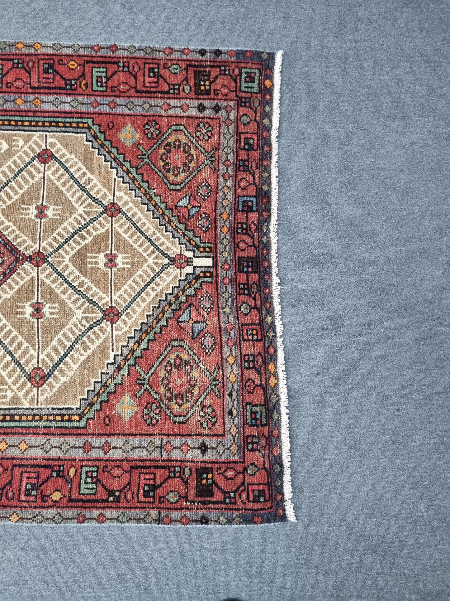 3'8" x 6'7" Vintage Turkish Rug, Beige Red Tribal Medallion Wool Area Rug