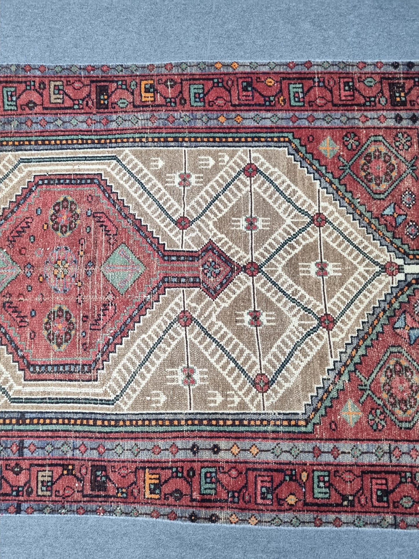 3'8" x 6'7" Vintage Turkish Rug, Beige Red Tribal Medallion Wool Area Rug